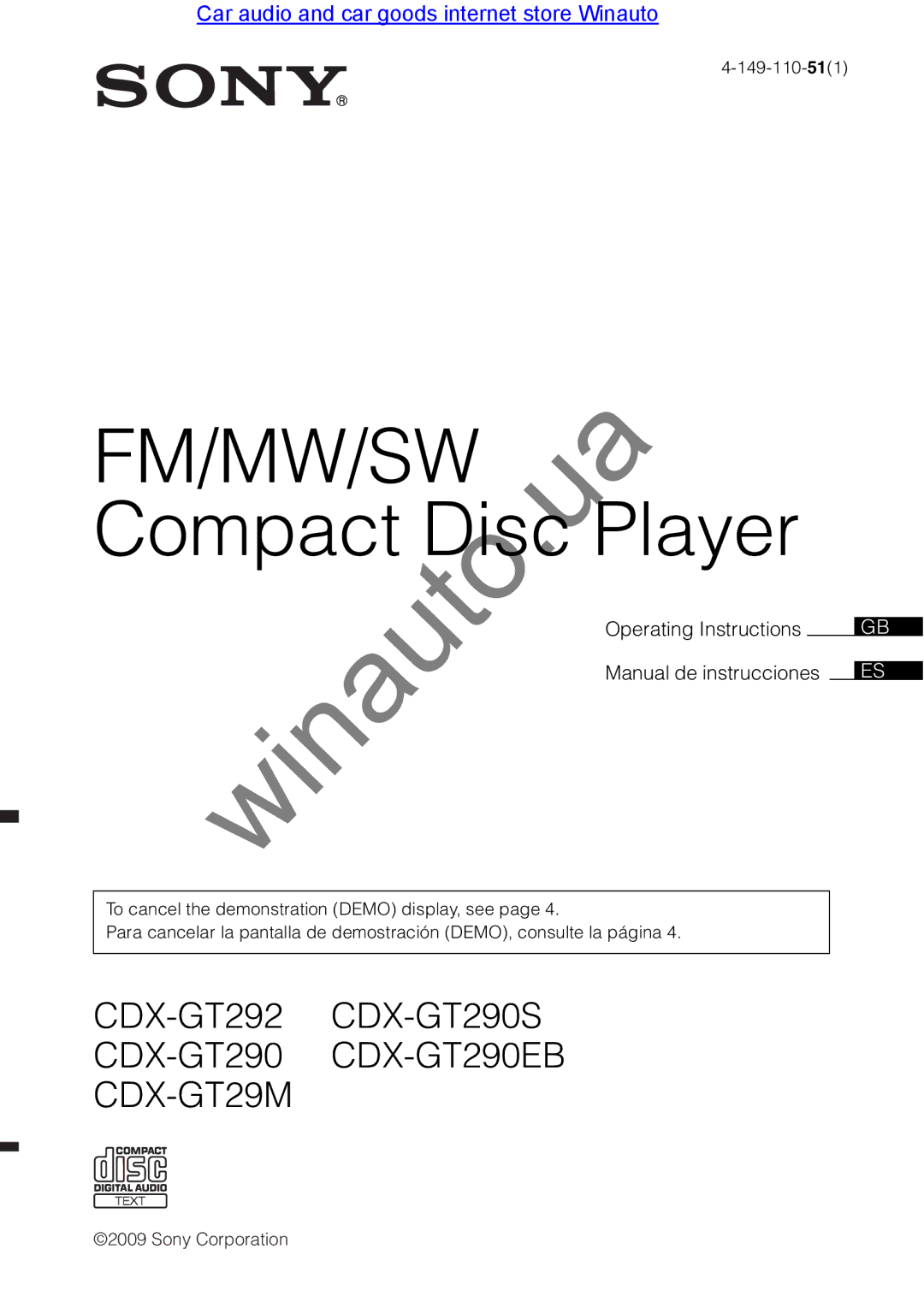 Sony CDX-GT290 user manual FM/MW/SW Compact Disc Player 