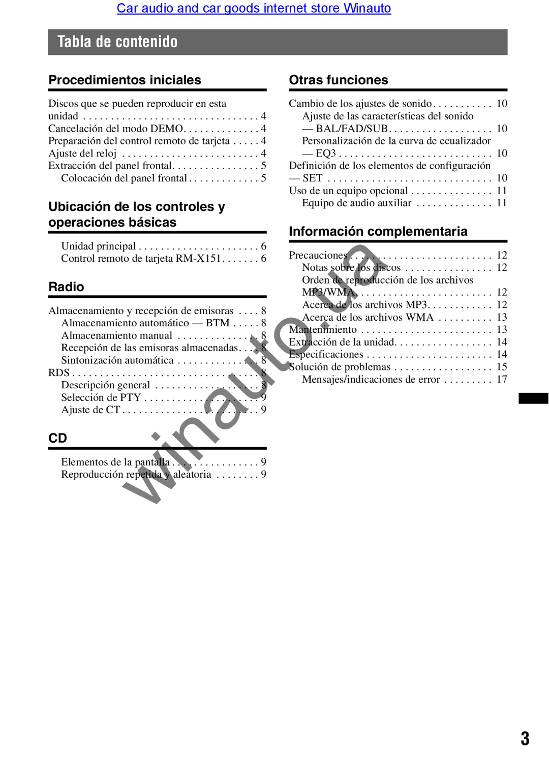 Sony CDX-GT290 user manual Tabla de contenido, Procedimientos iniciales, Ubicación de los controles y operaciones básicas 