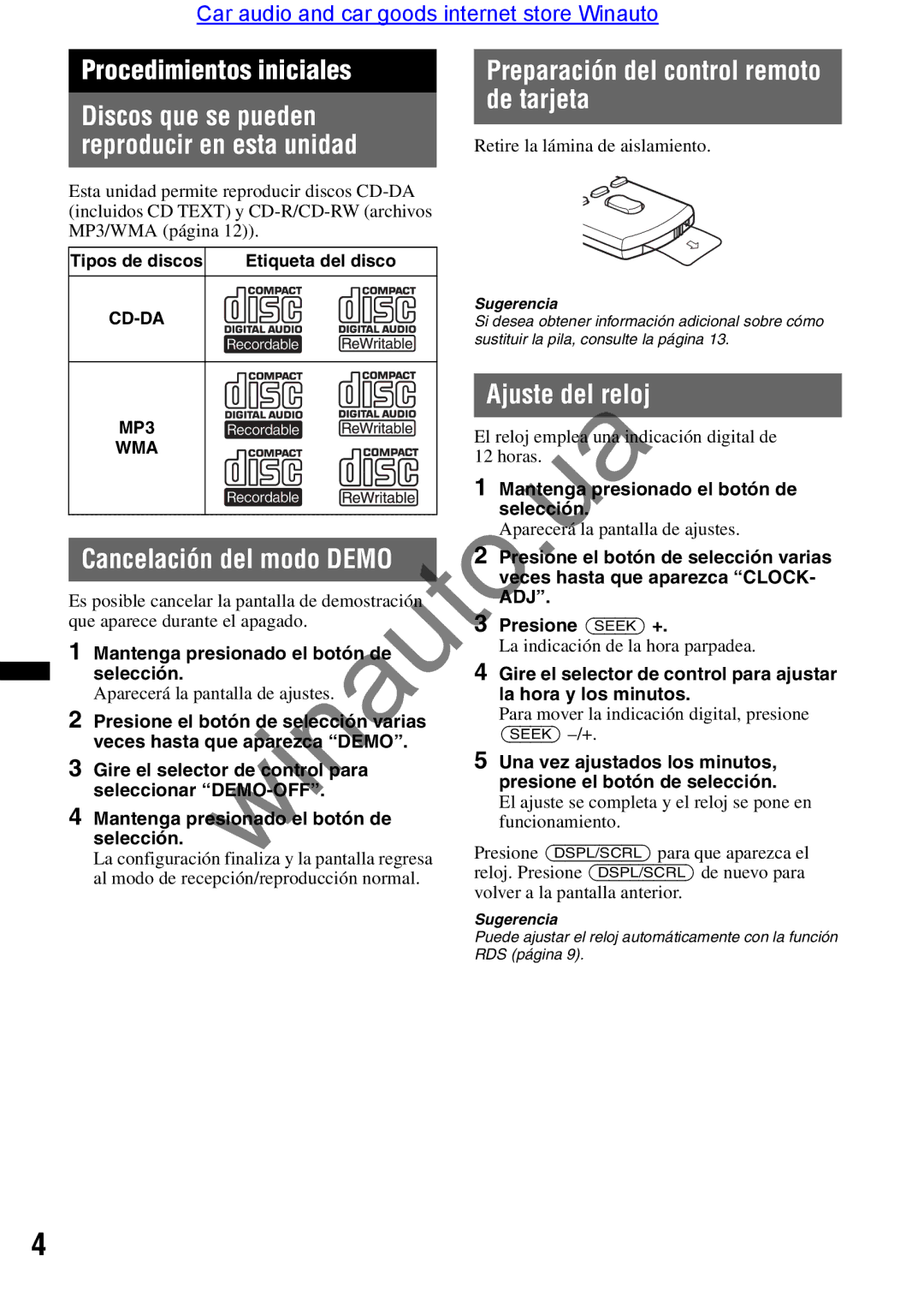 Sony CDX-GT290 user manual Procedimientos iniciales, Cancelación del modo Demo, Preparación del control remoto de tarjeta 