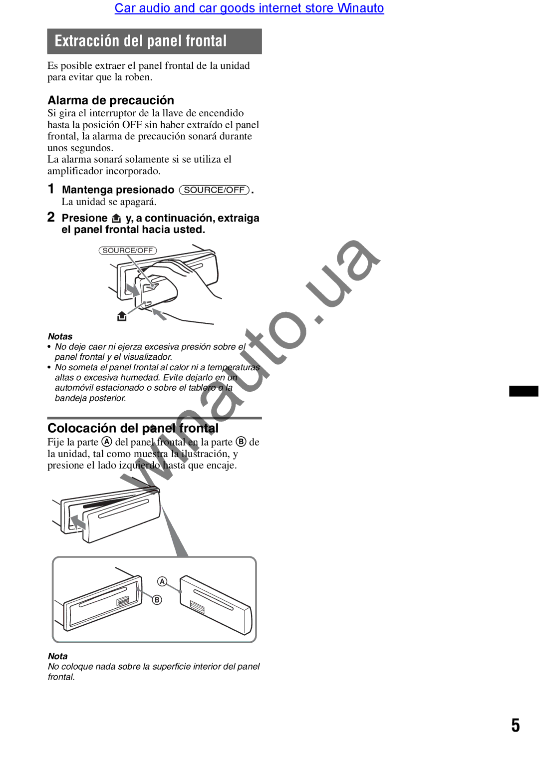 Sony CDX-GT290 Extracción del panel frontal, Alarma de precaución, Colocación del pa el fro tal, La unidad se apagará 