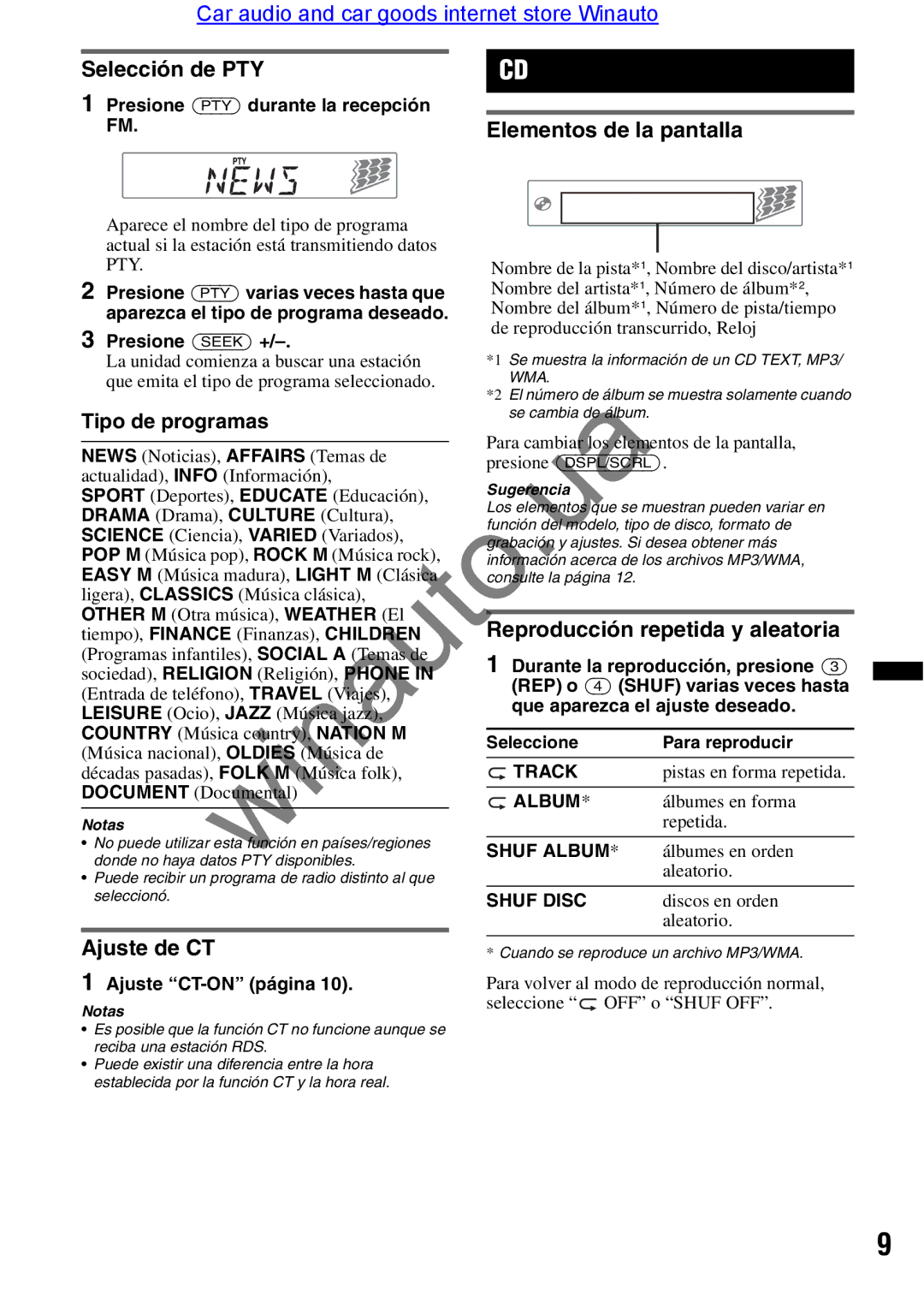 Sony CDX-GT290 user manual Selección de PTY, Tipo de programas, Reproducción repetida y aleatoria, Ajuste de CT 