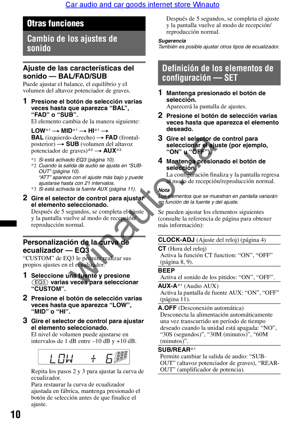 Sony CDX-GT290 Otras funciones Cambio de los ajustes de sonido, Ajuste de las características del sonido BAL/FAD/SUB 