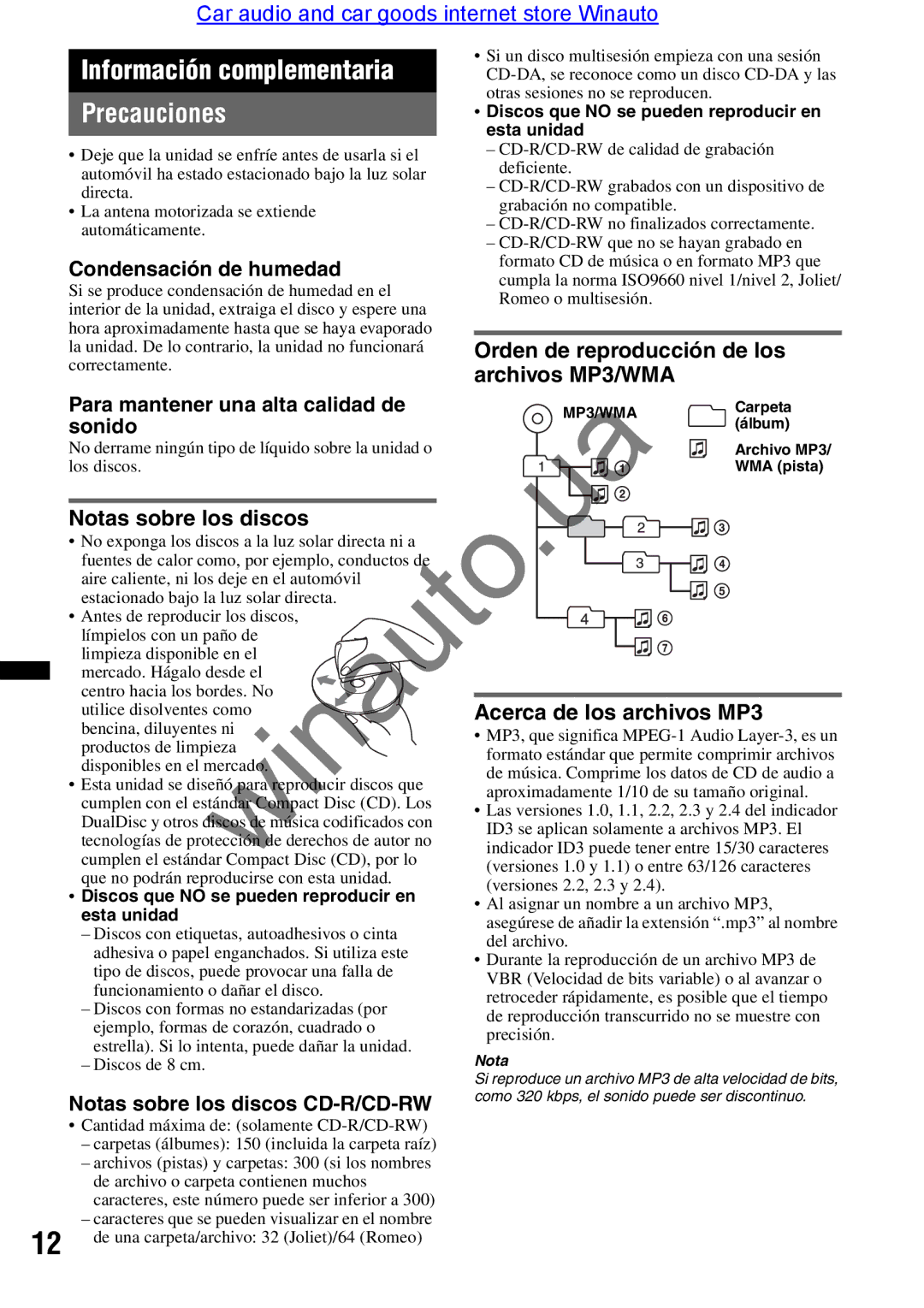 Sony CDX-GT290 user manual Precauciones 