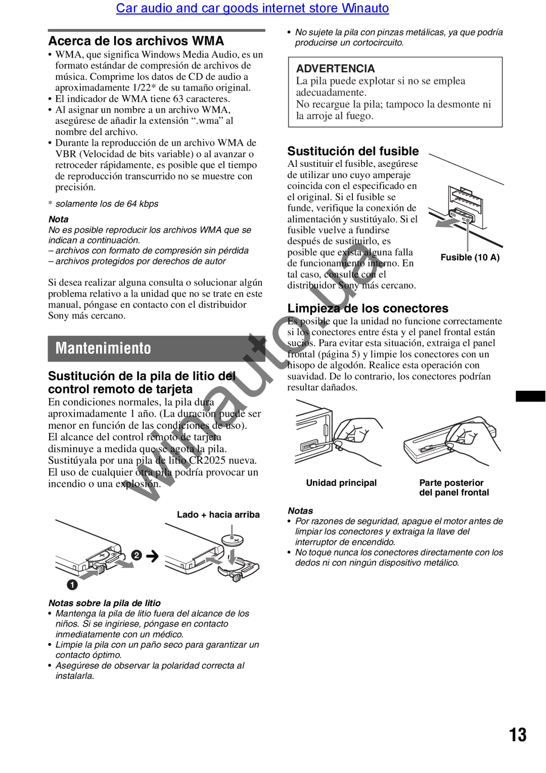 Sony CDX-GT290 Mantenimiento, Acerca de los archivos WMA, Limpieza de los conectores, Sustitución de la pila de litio del 