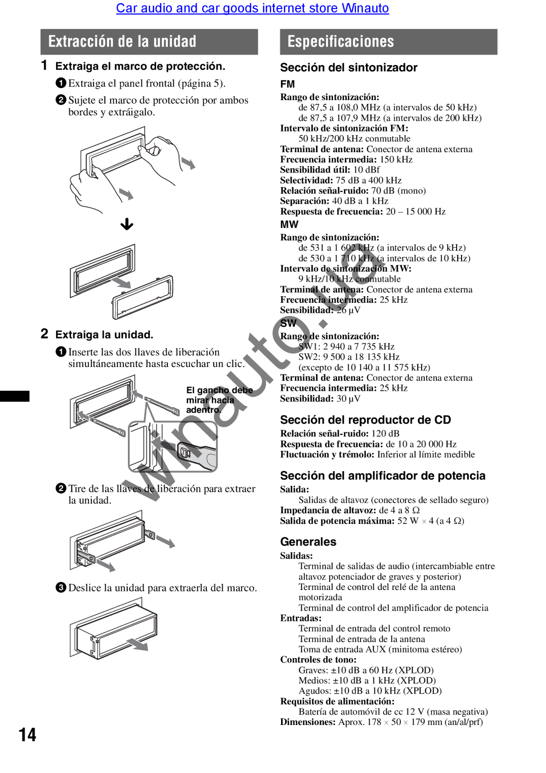 Sony CDX-GT290 user manual Extracción de la unidad Especificaciones, Extraiga el marco de protección, Extraiga la unidad 