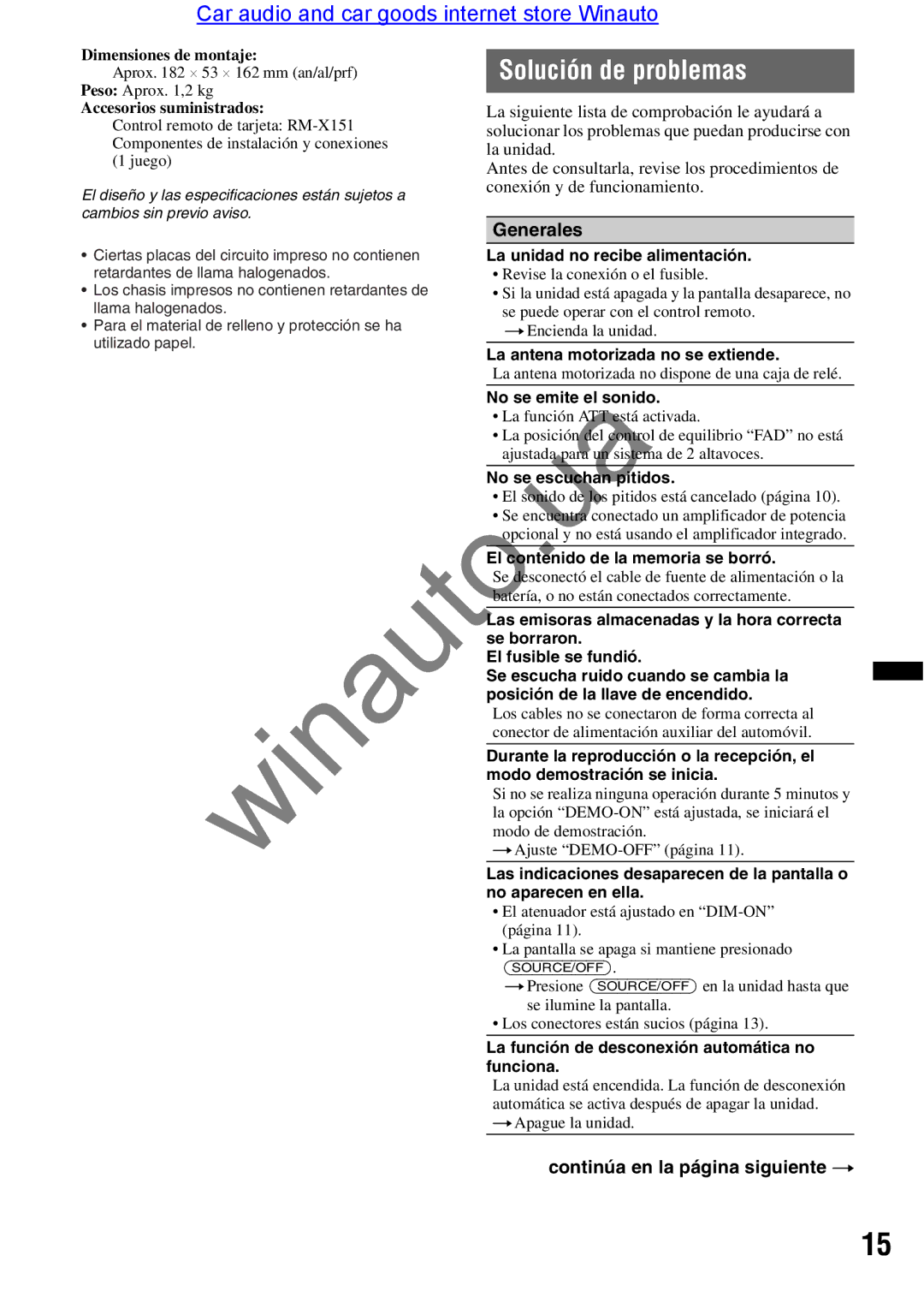 Sony CDX-GT290 user manual Solución de problemas, Generales, Continúa en la página siguiente T 