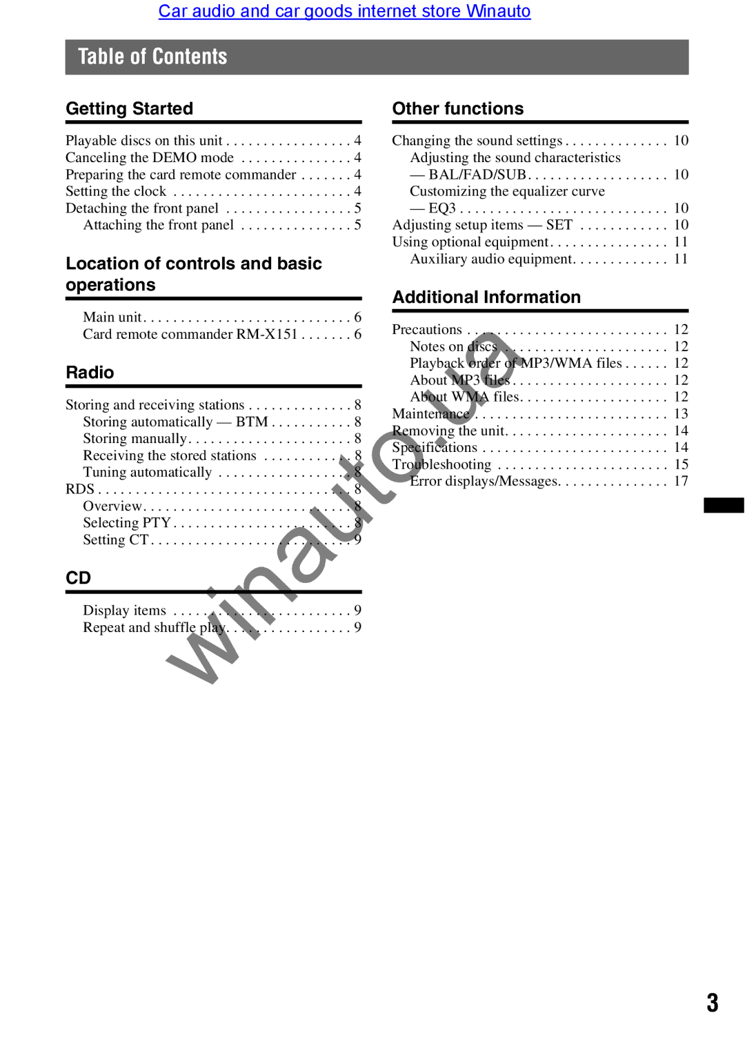 Sony CDX-GT290 user manual Table of Contents 