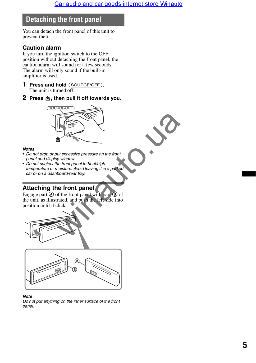 Sony CDX-GT290 user manual Detaching the front panel, Attaching the front p nel, Press and hold SOURCE/OFF 