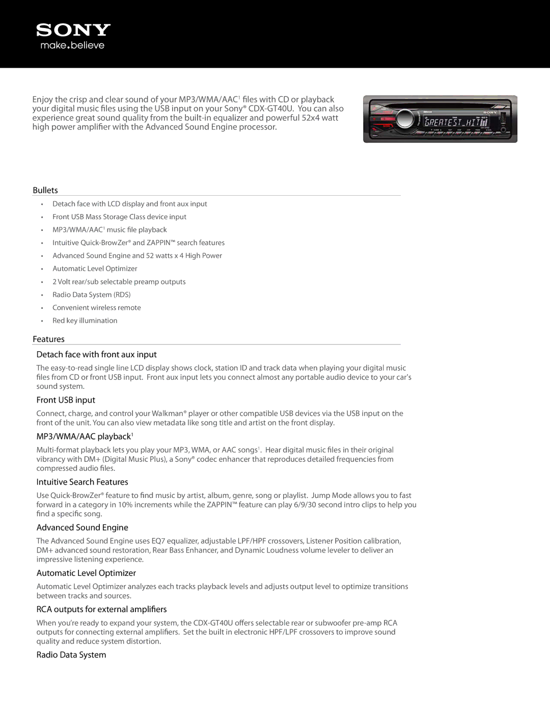 Sony CDX-GT40U manual Bullets, Features Detach face with front aux input, Front USB input, MP3/WMA/AAC playback1 