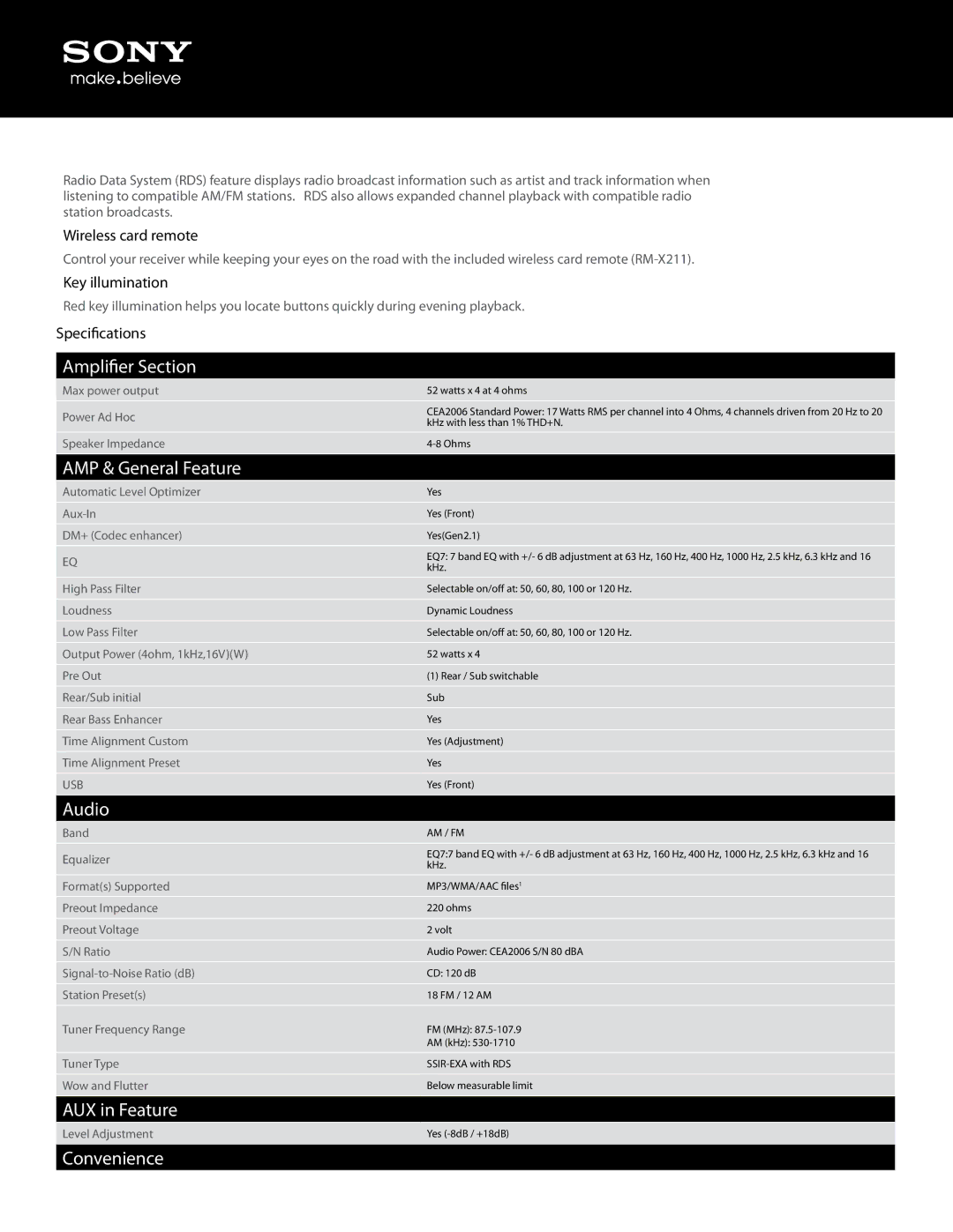 Sony CDX-GT40U manual Amplifier Section, AMP & General Feature, Audio, AUX in Feature, Convenience 