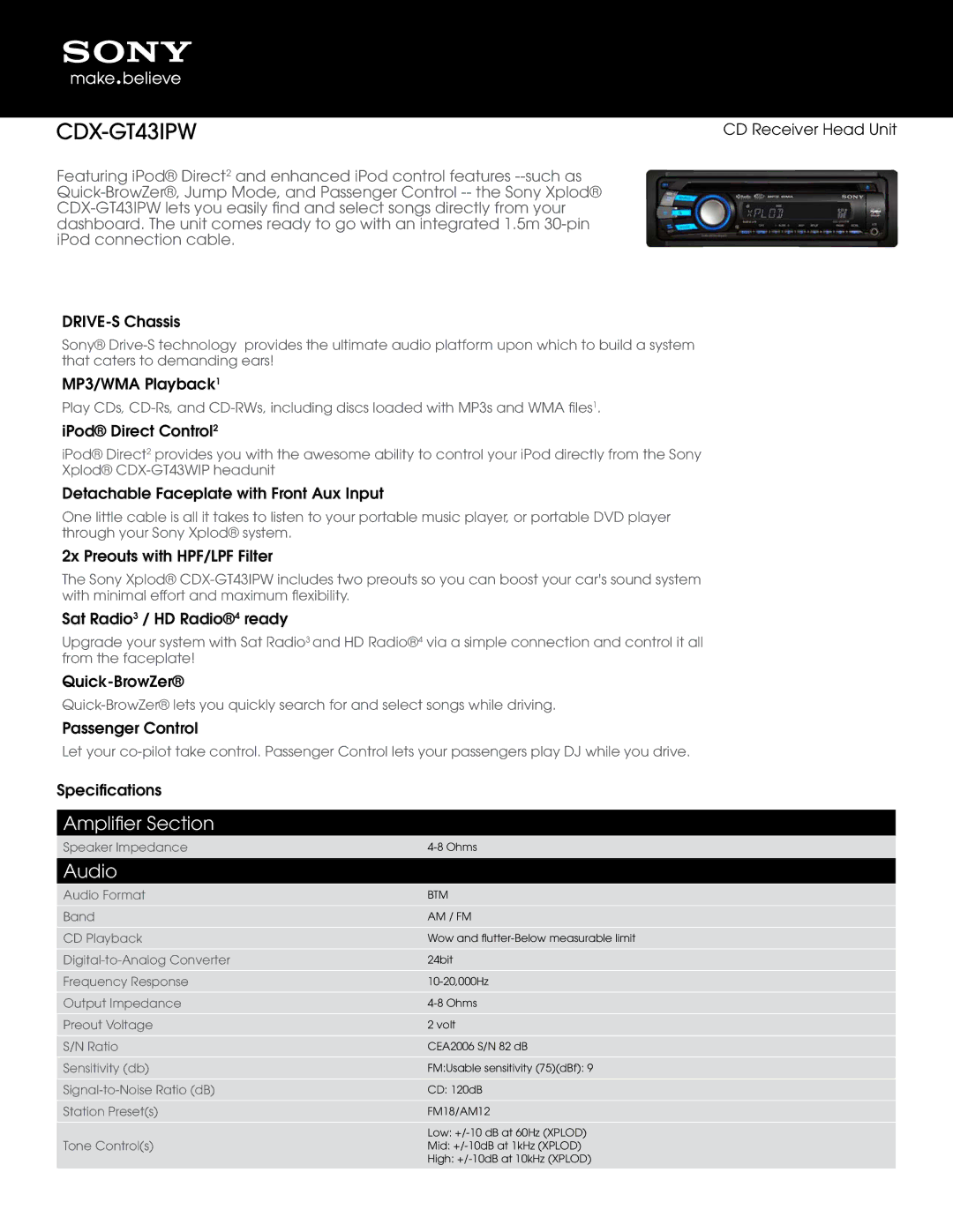 Sony CDX-GT43IPW manual Amplifier Section, Audio 