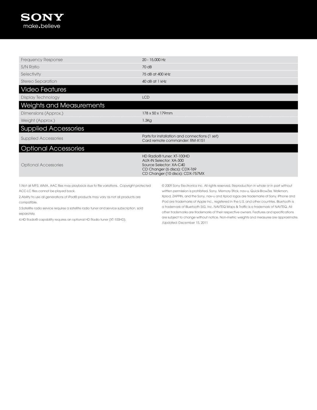 Sony CDX-GT43IPW manual Video Features, Weights and Measurements, Supplied Accessories, Optional Accessories 