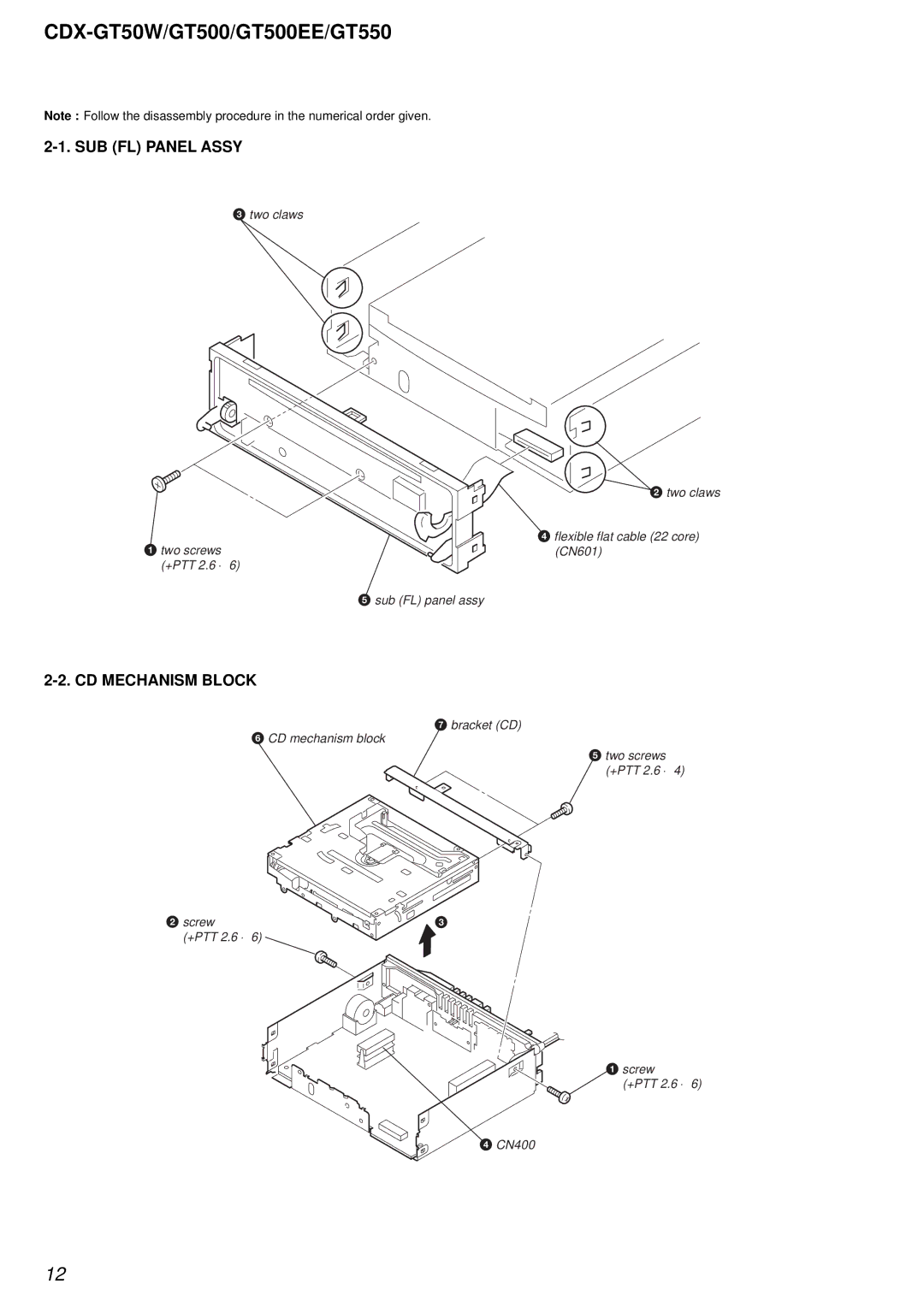 Sony CDX-GT50W, CDX-GT500EE, CDX-GT550 service manual SUB FL Panel Assy, CD Mechanism Block 