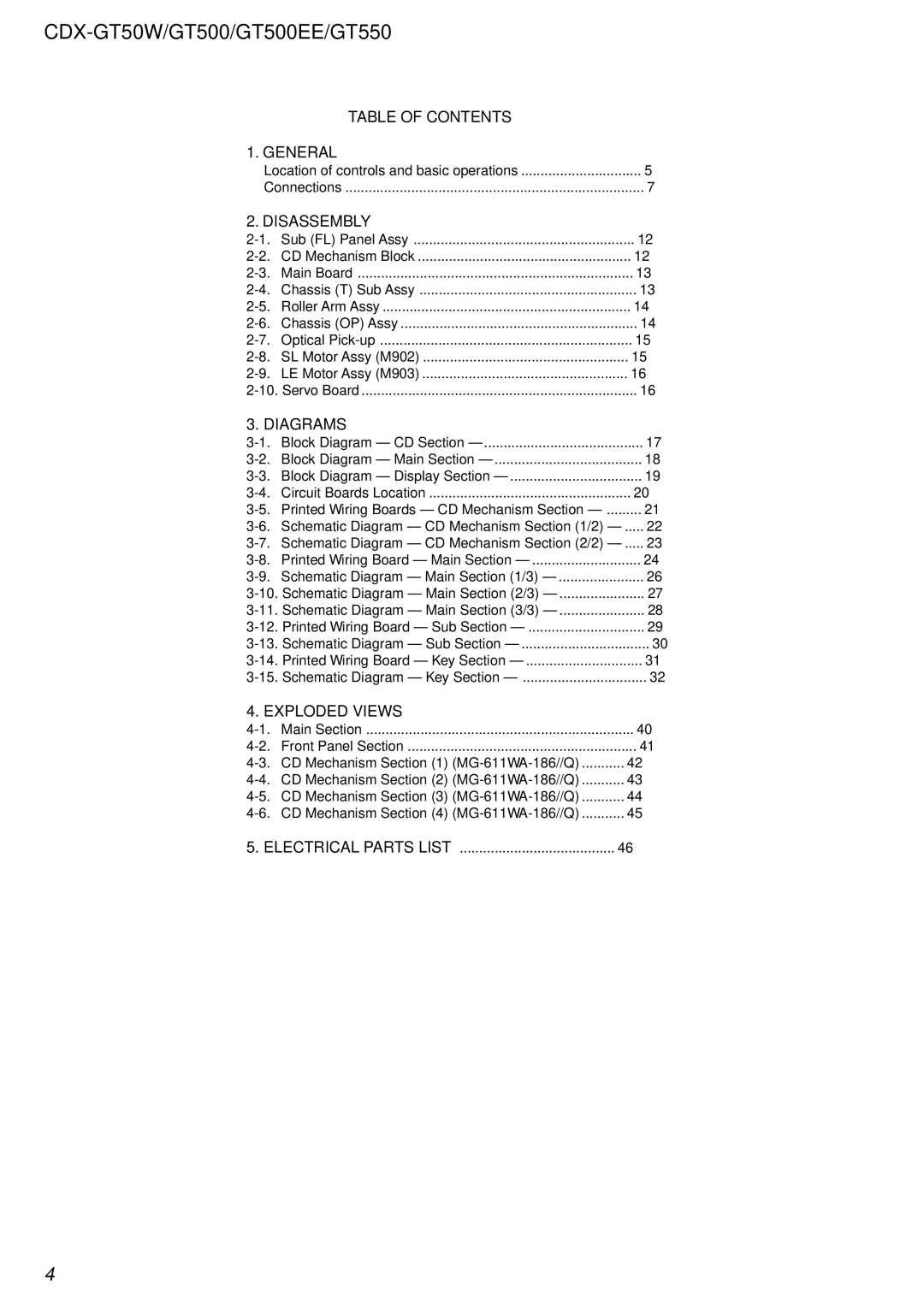 Sony CDX-GT50W, CDX-GT500EE, CDX-GT550 service manual Table of Contents General, Disassembly, Diagrams, Exploded Views 