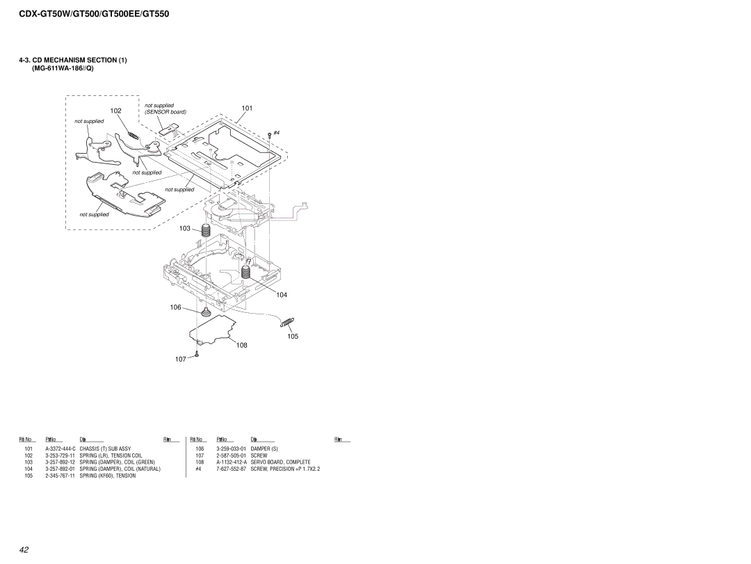Sony CDX-GT500EE CD Mechanism MG-611WA-186//Q, 103 106 107 101 104 105 108, 108 A-1132-412-A Servo BOARD, Complete 