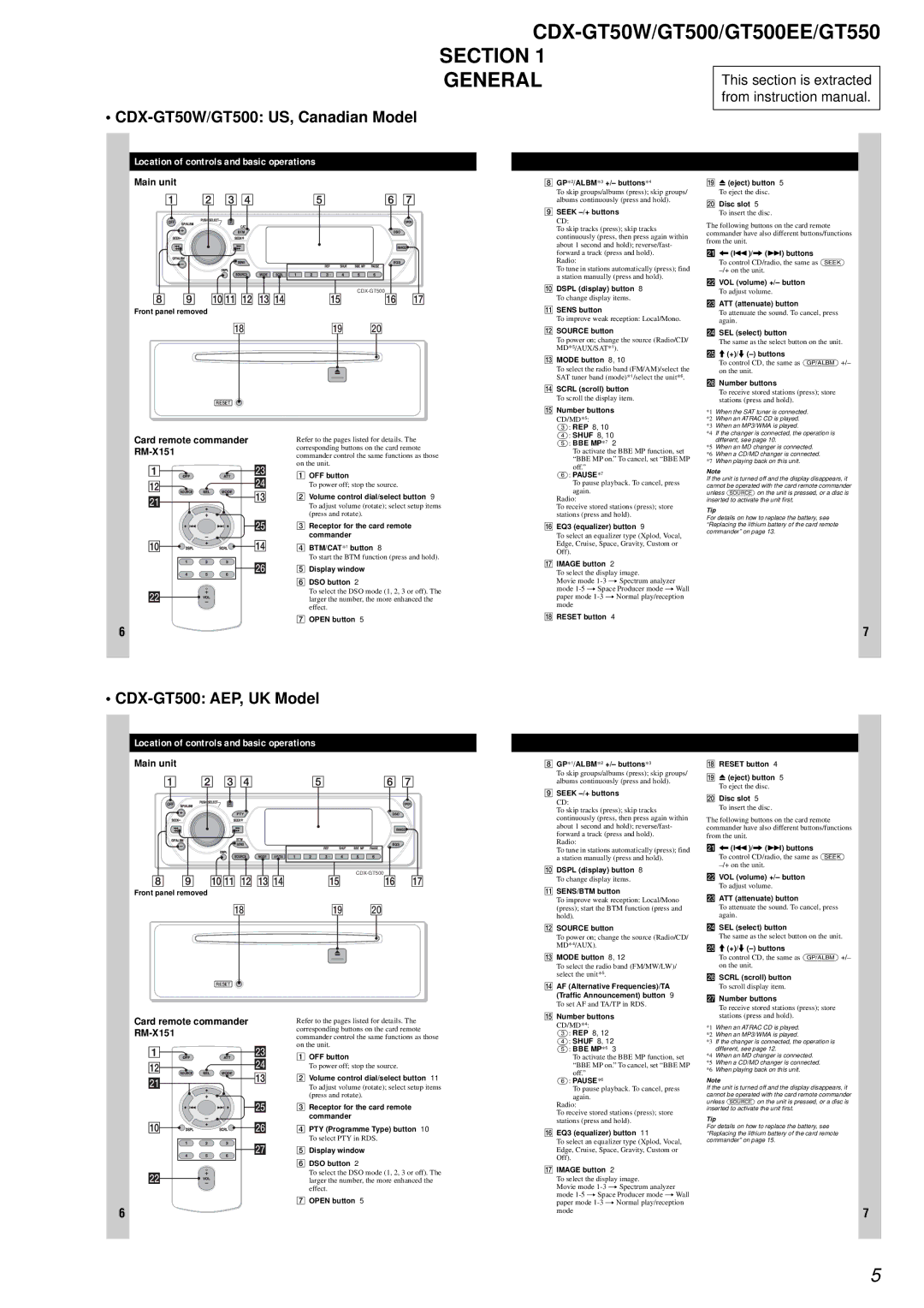 Sony CDX-GT500EE, CDX-GT550 service manual CDX-GT50W/GT500 US, Canadian Model, CDX-GT500 AEP, UK Model 