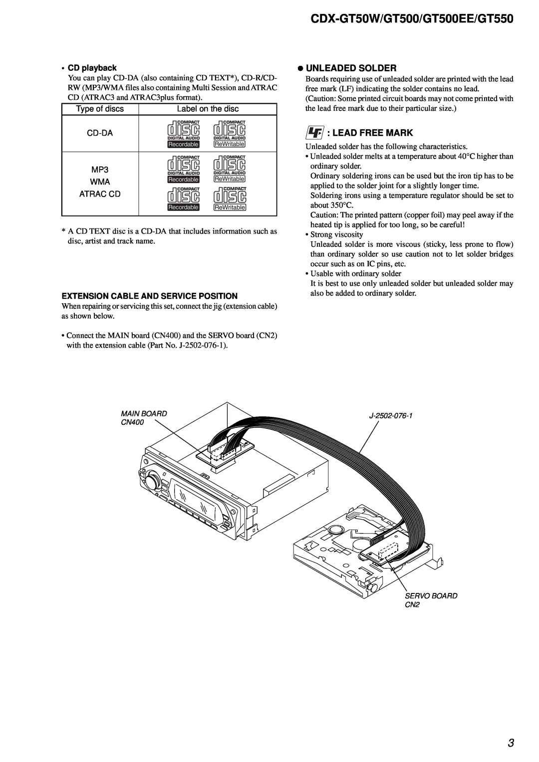 Sony CDX-GT550, CDX-GT500EE service manual zUNLEADED SOLDER, Lead Free Mark, CDX-GT50W/GT500/GT500EE/GT550, CD playback 