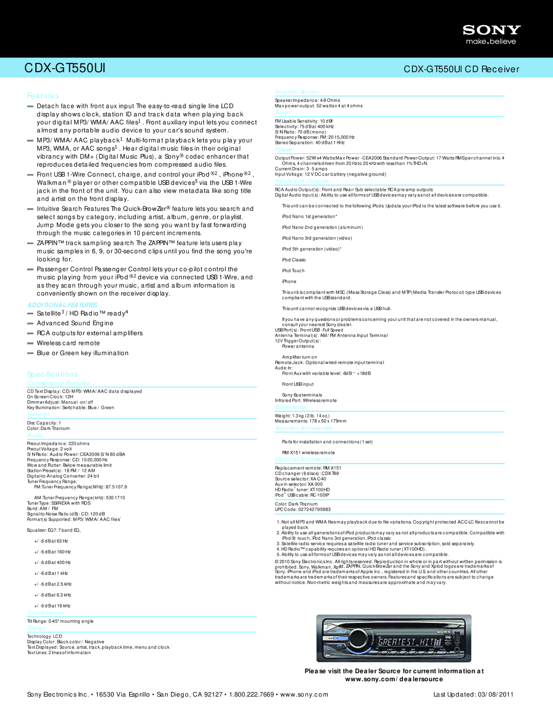 Sony CDX-GT550UI manual Features, Specifications 