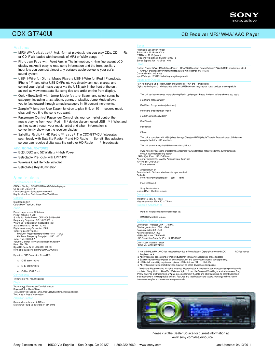 Sony CDX-GT740UI, CDXGT740UI manual Features, Specifications 