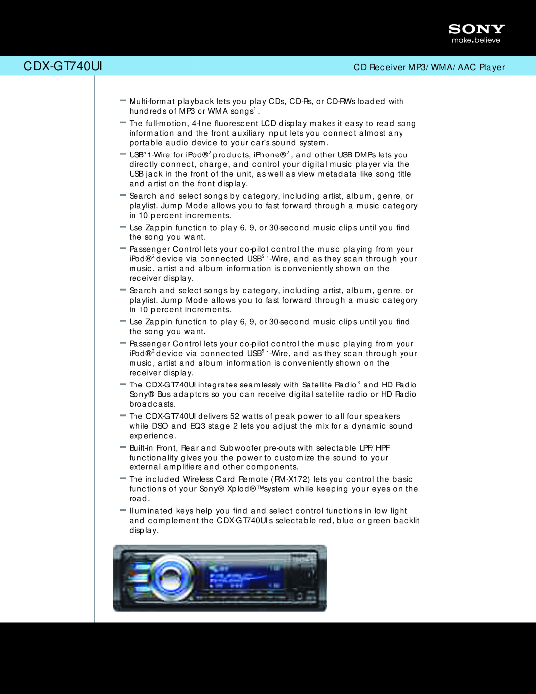 Sony CDXGT740UI manual CDX-GT740UI, CD Receiver MP3/WMA/AAC Player 