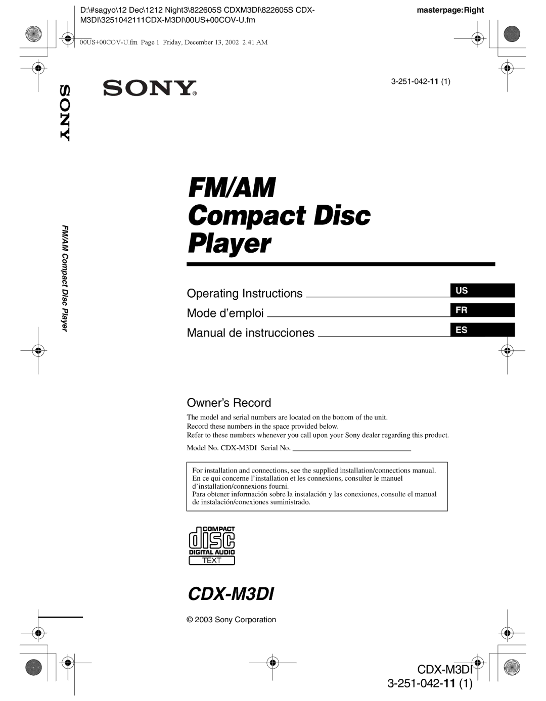 Sony CDX-M3DI operating instructions Fm/Am 