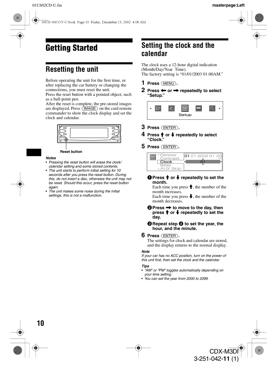 Sony CDX-M3DI operating instructions Getting Started, Resetting the unit, Setting the clock and the calendar 