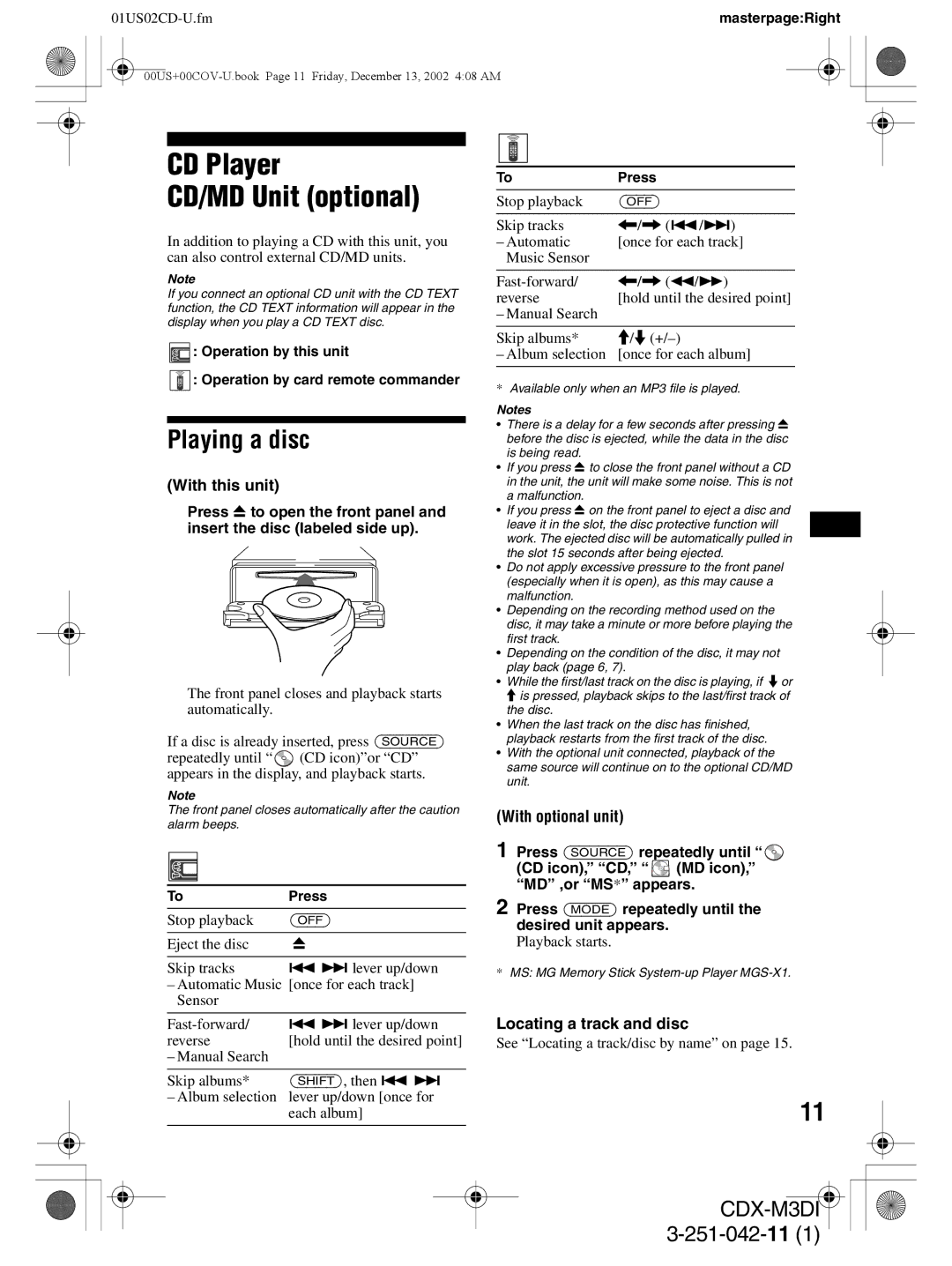 Sony CDX-M3DI CD Player CD/MD Unit optional, Playing a disc, With this unit, With optional unit, Locating a track and disc 