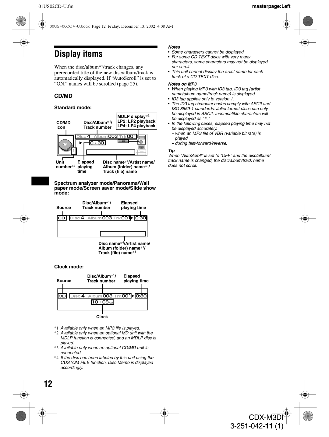 Sony CDX-M3DI operating instructions Display items, Standard mode, Clock mode 