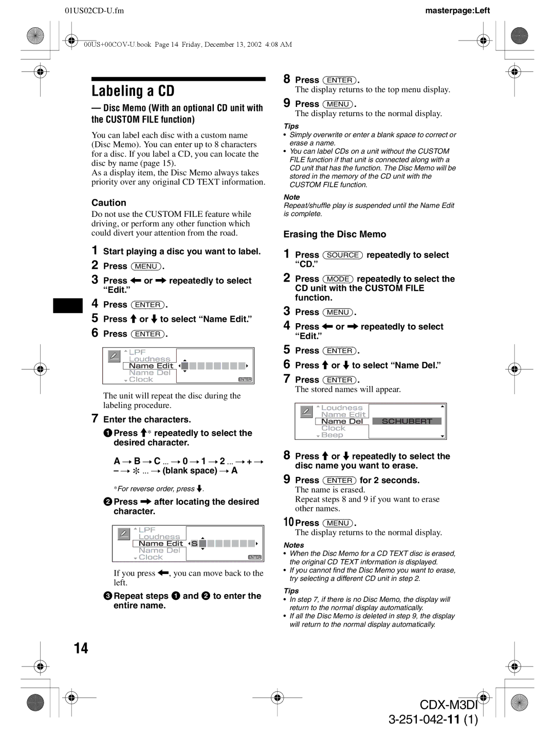 Sony CDX-M3DI operating instructions Labeling a CD, Erasing the Disc Memo 