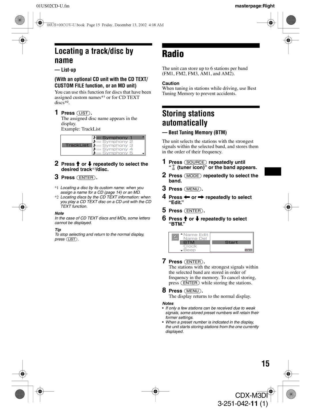 Sony CDX-M3DI operating instructions Radio, Locating a track/disc by name, List-up, Best Tuning Memory BTM, Press List 