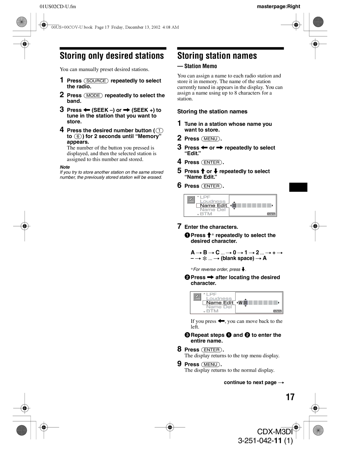 Sony CDX-M3DI operating instructions Storing station names, Station Memo, Storing the station names 