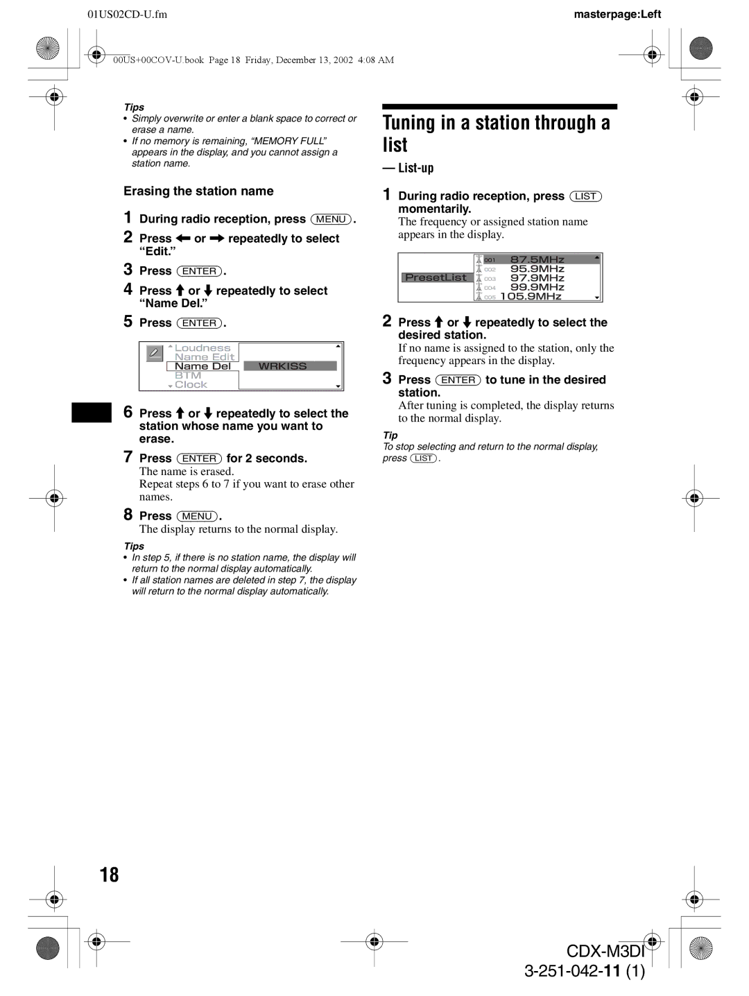 Sony CDX-M3DI Tuning in a station through a list, Erasing the station name, During radio reception, press List momentarily 