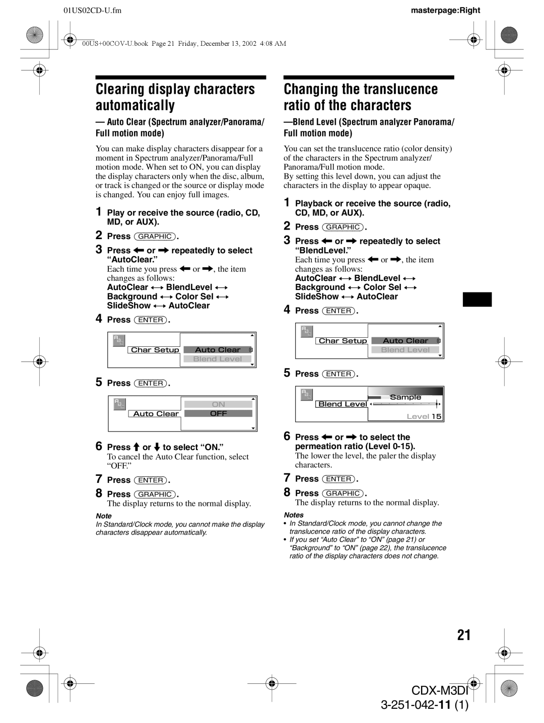 Sony CDX-M3DI operating instructions Auto Clear Spectrum analyzer/Panorama/ Full motion mode 