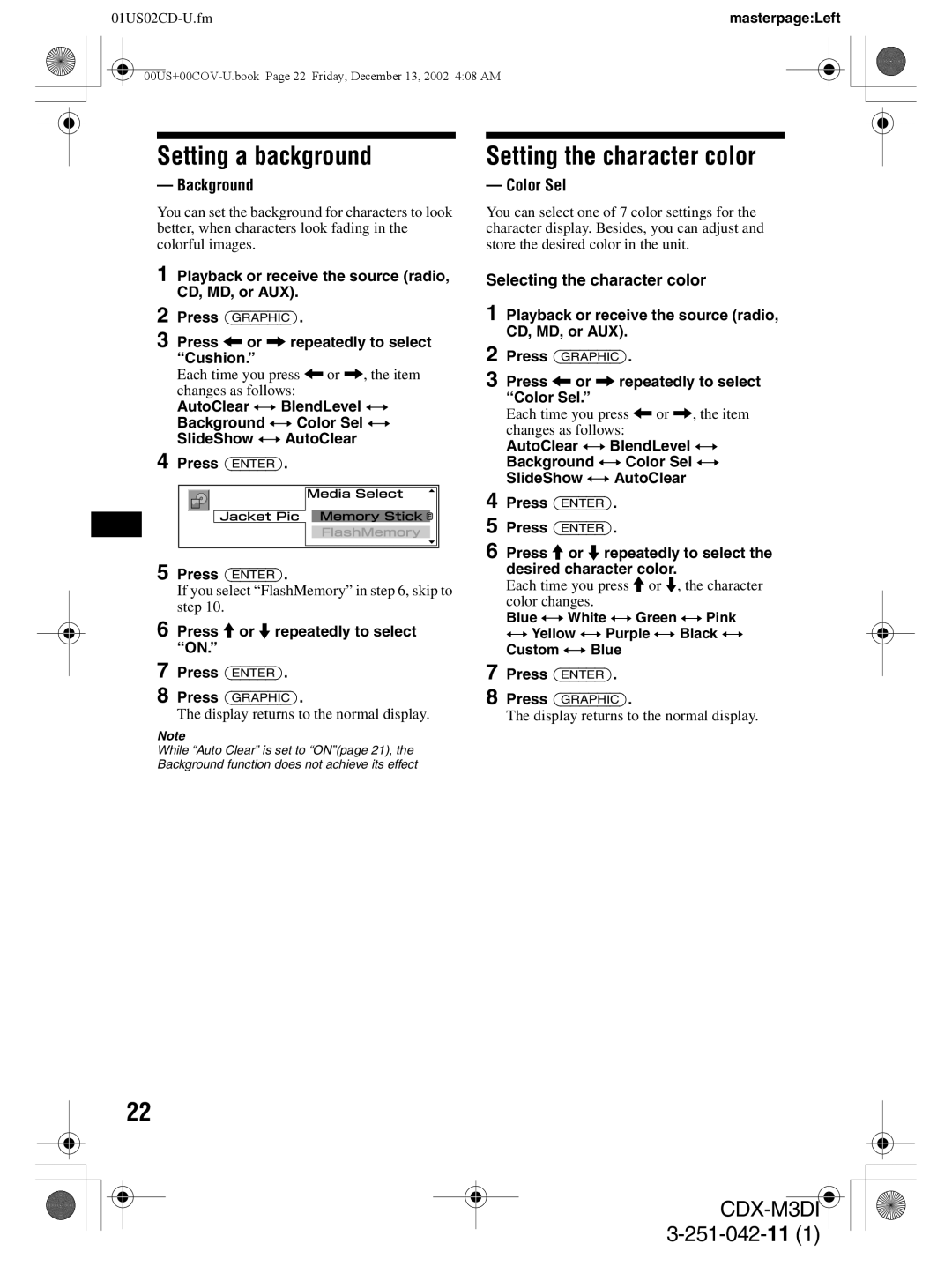 Sony CDX-M3DI Setting a background, Setting the character color, Background, Color Sel, Selecting the character color 