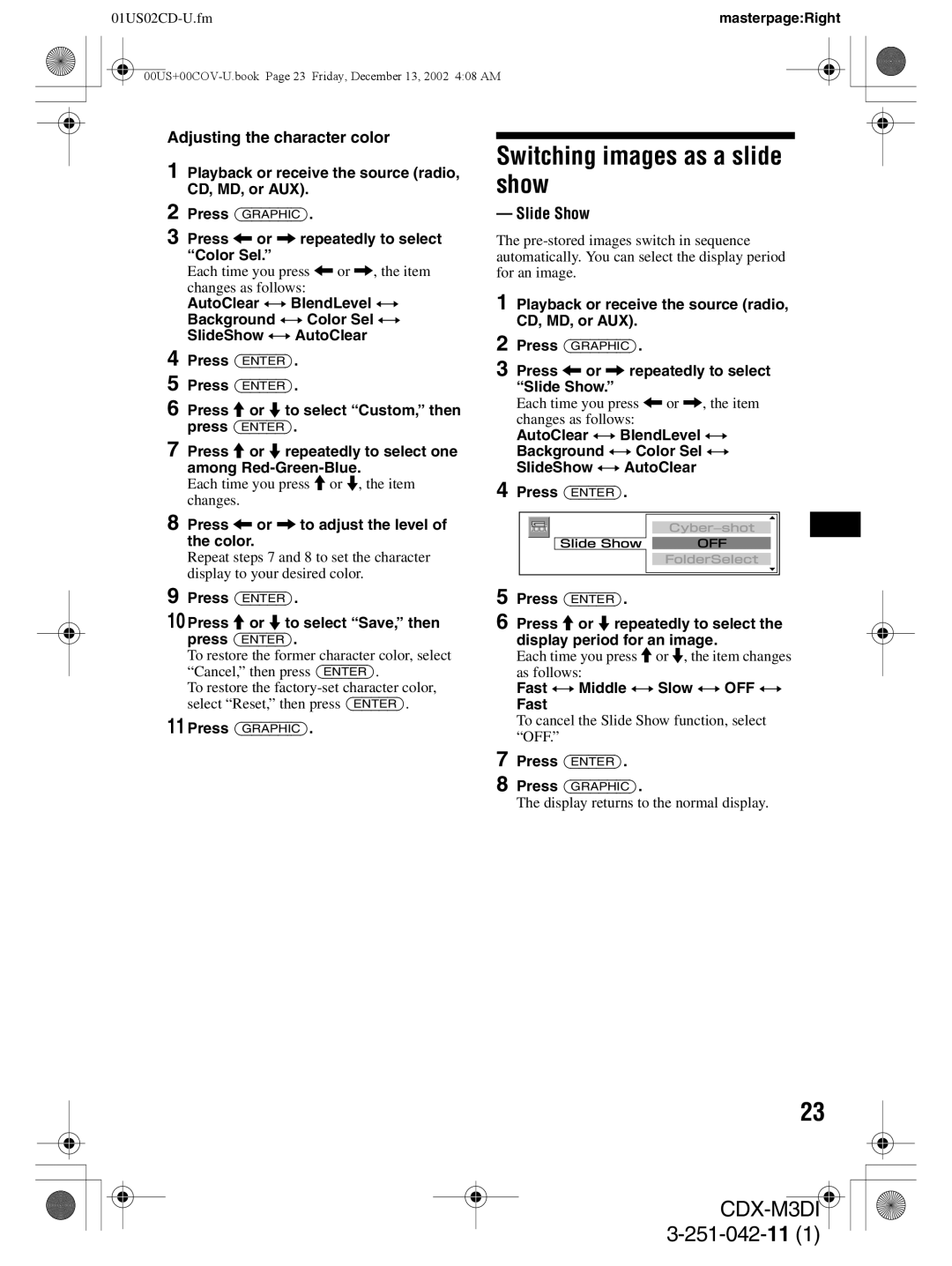 Sony CDX-M3DI operating instructions Switching images as a slide show, Adjusting the character color, Slide Show 