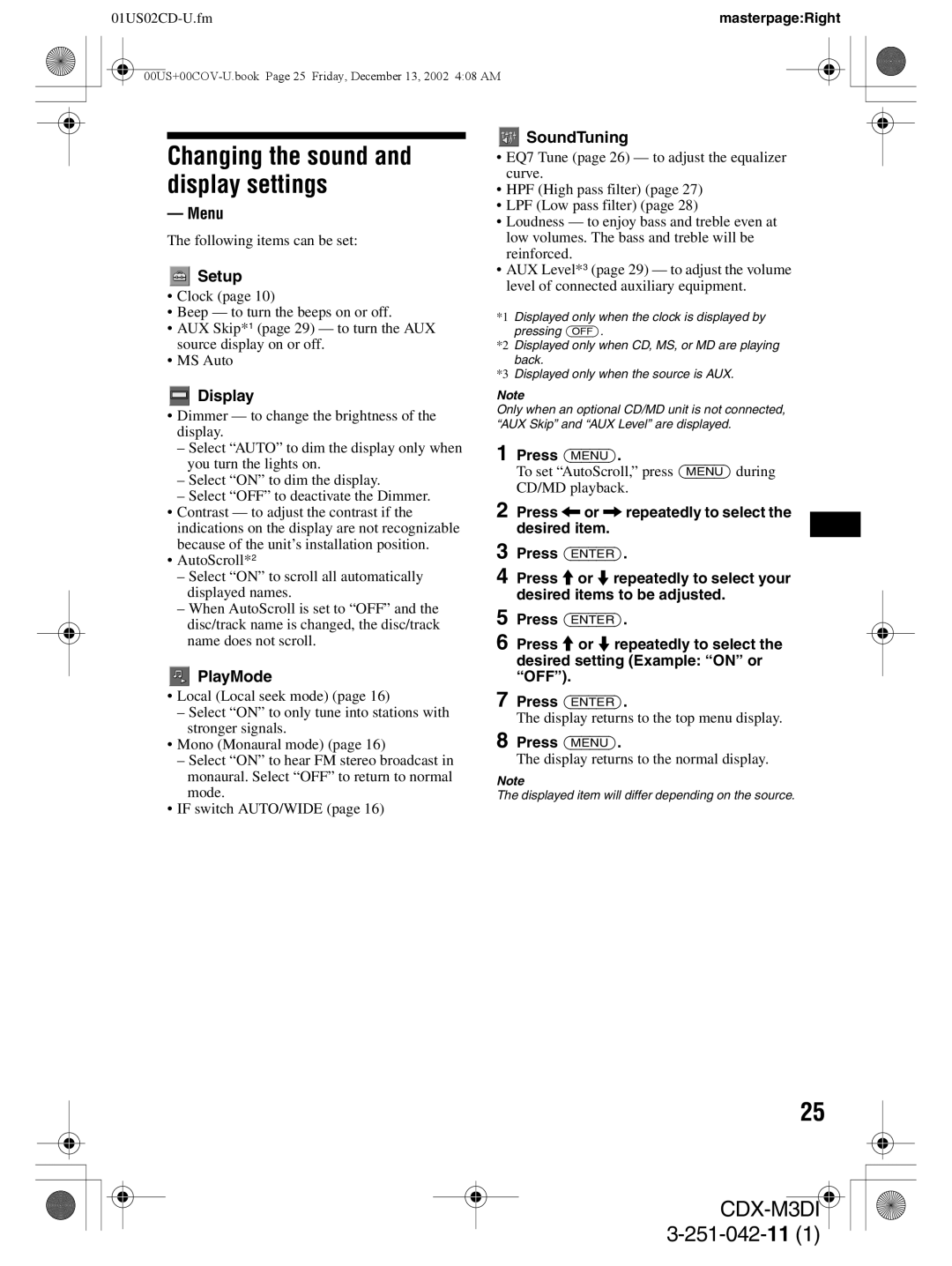 Sony CDX-M3DI operating instructions Changing the sound and display settings 