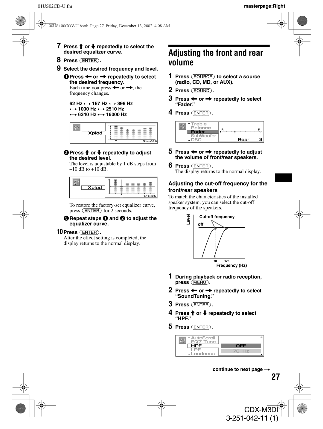 Sony CDX-M3DI Adjusting the front and rear volume, Adjusting the cut-off frequency for the front/rear speakers 