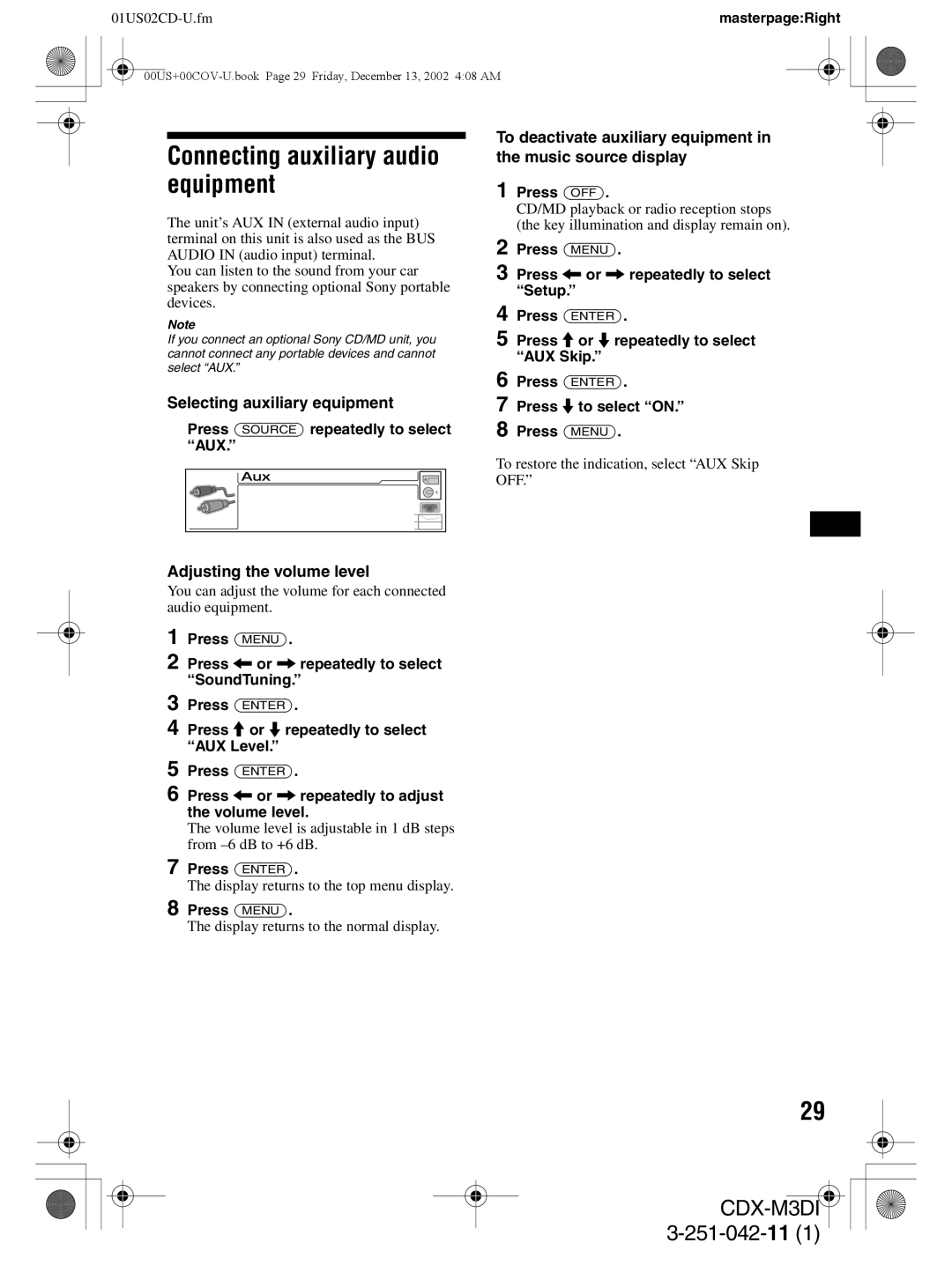 Sony CDX-M3DI Connecting auxiliary audio equipment, Selecting auxiliary equipment, Adjusting the volume level 