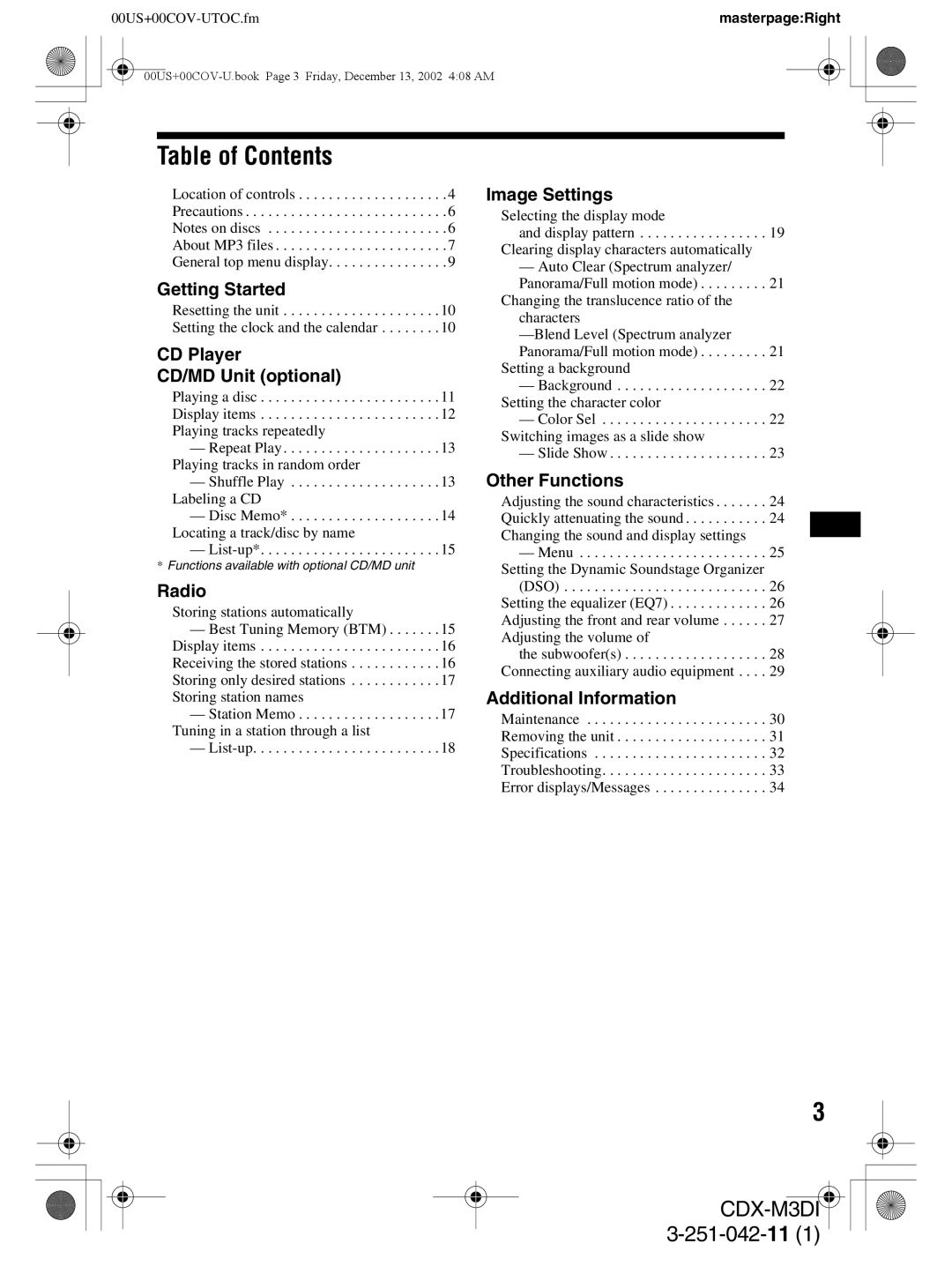 Sony CDX-M3DI operating instructions Table of Contents 