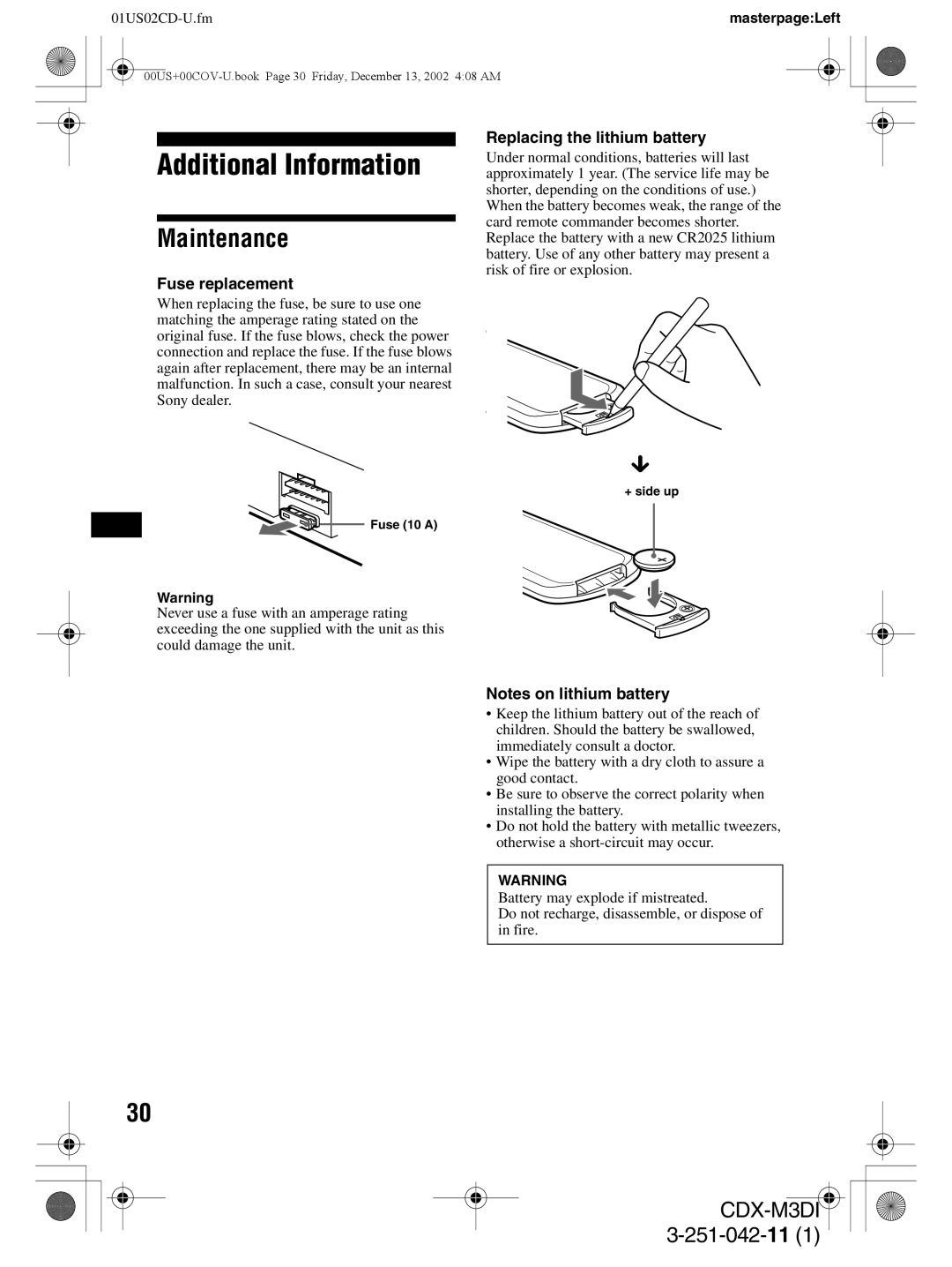 Sony CDX-M3DI operating instructions Additional Information, Maintenance, Fuse replacement, Replacing the lithium battery 