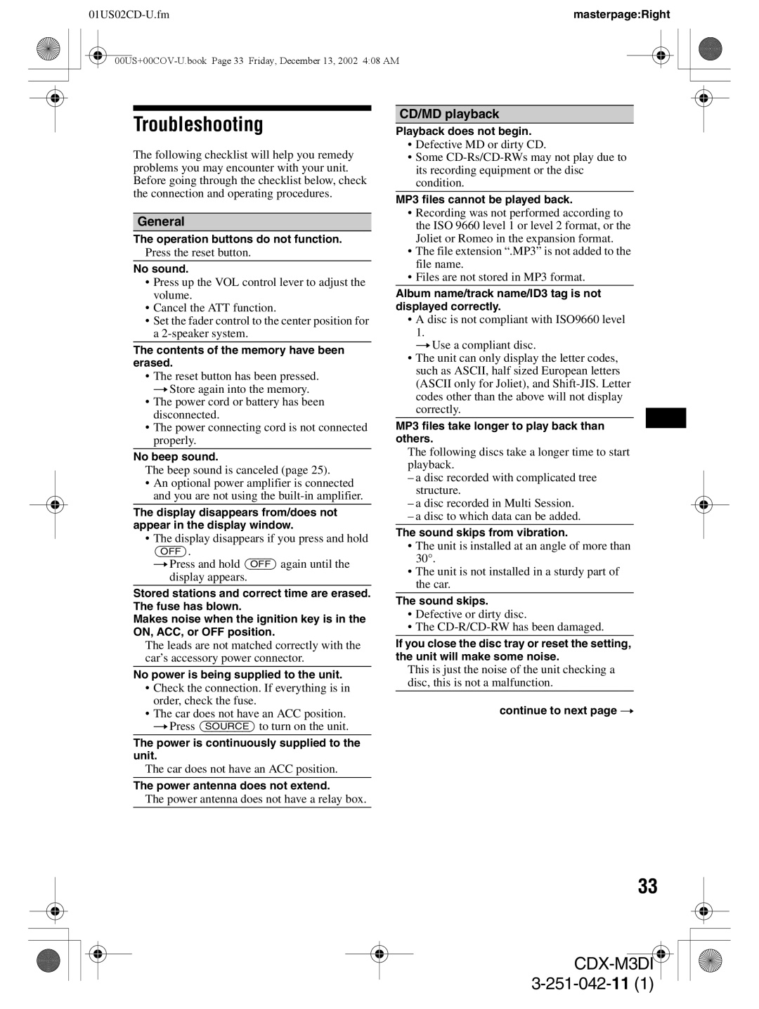 Sony CDX-M3DI operating instructions Troubleshooting, CD/MD playback 