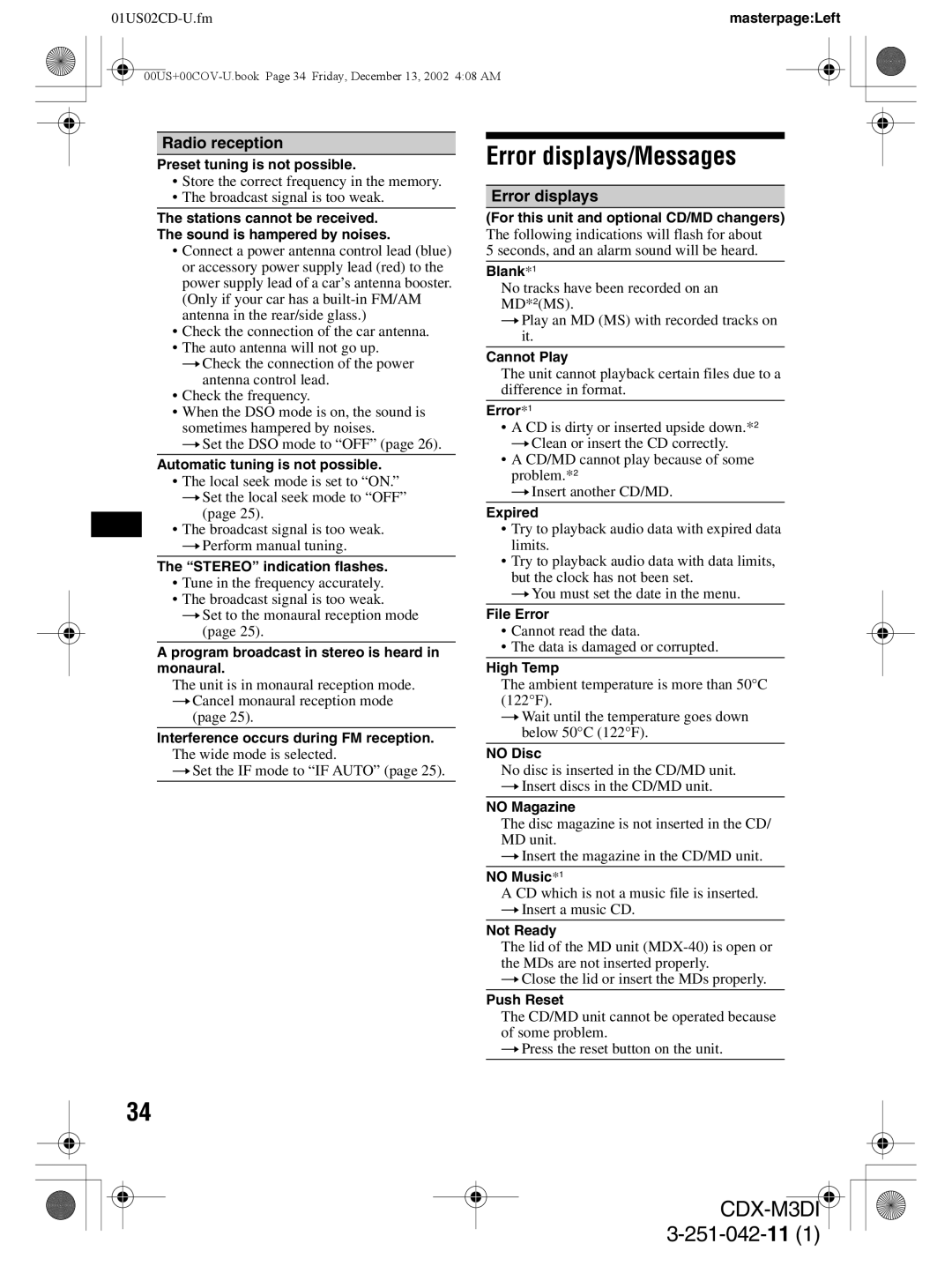 Sony CDX-M3DI operating instructions Error displays/Messages, Radio reception 