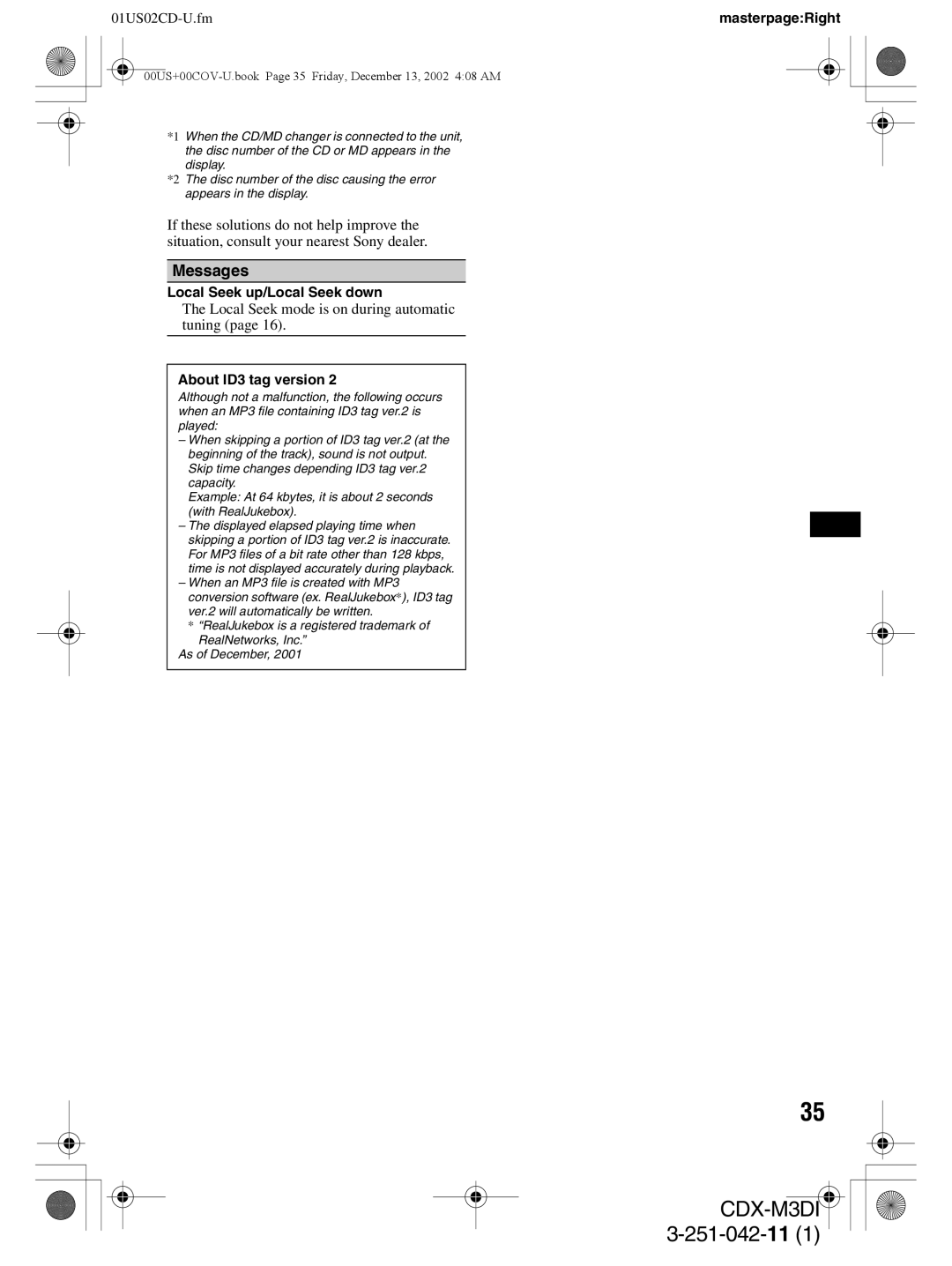 Sony CDX-M3DI operating instructions Messages, Local Seek up/Local Seek down, About ID3 tag version 