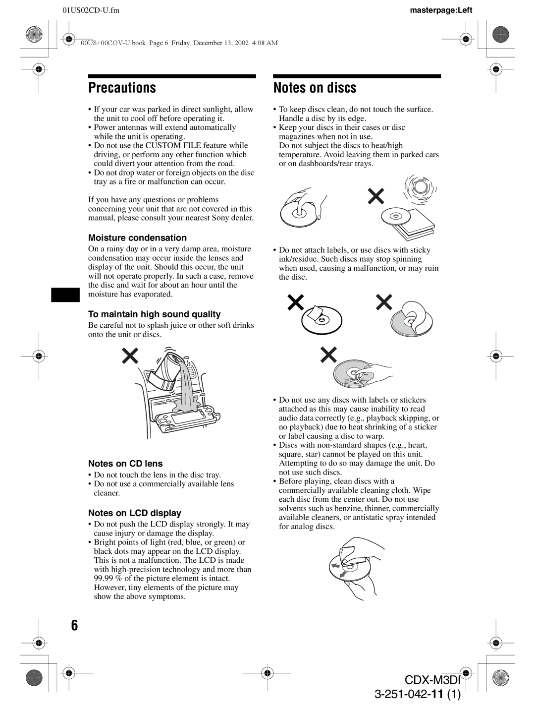 Sony CDX-M3DI operating instructions Precautions, Moisture condensation, To maintain high sound quality 