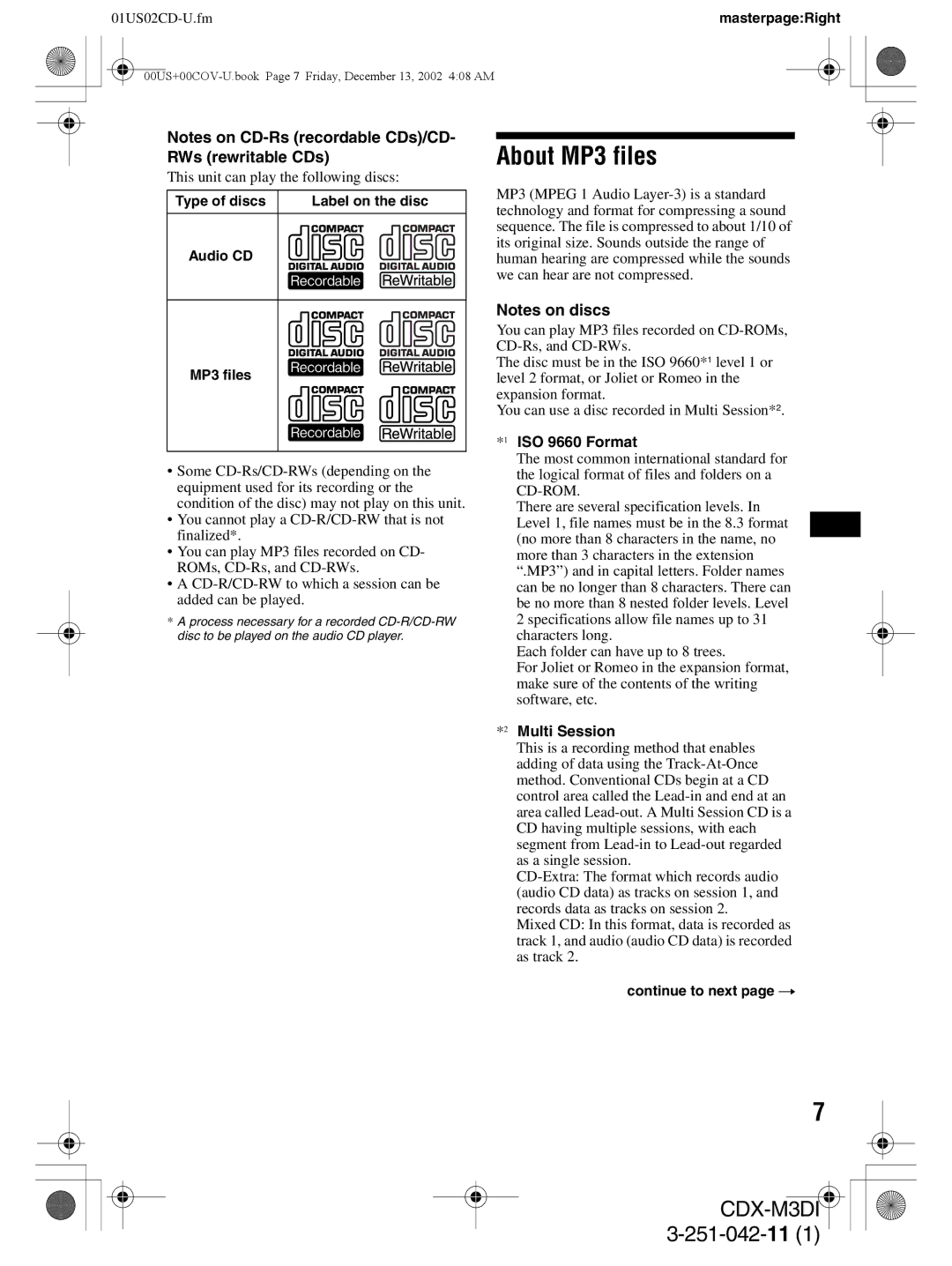 Sony CDX-M3DI operating instructions RWs rewritable CDs 