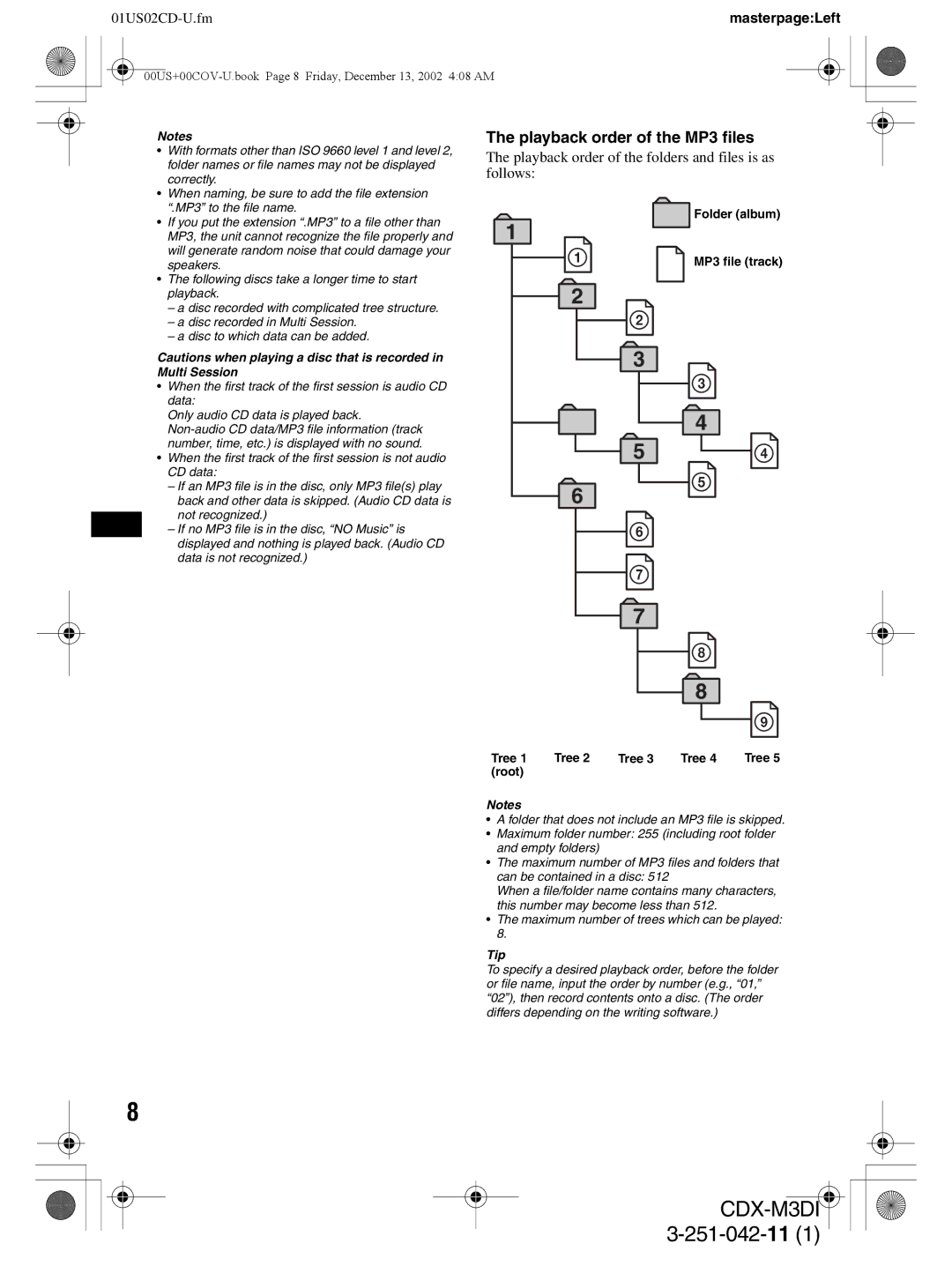 Sony CDX-M3DI operating instructions Playback order of the MP3 files, Playback order of the folders and files is as follows 