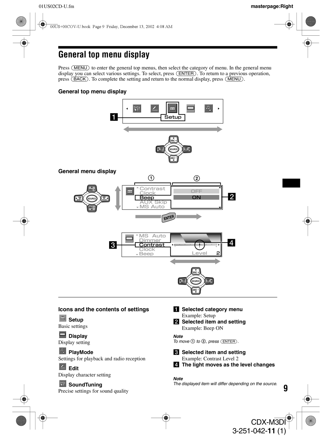 Sony CDX-M3DI operating instructions General top menu display, General menu display, Icons and the contents of settings 