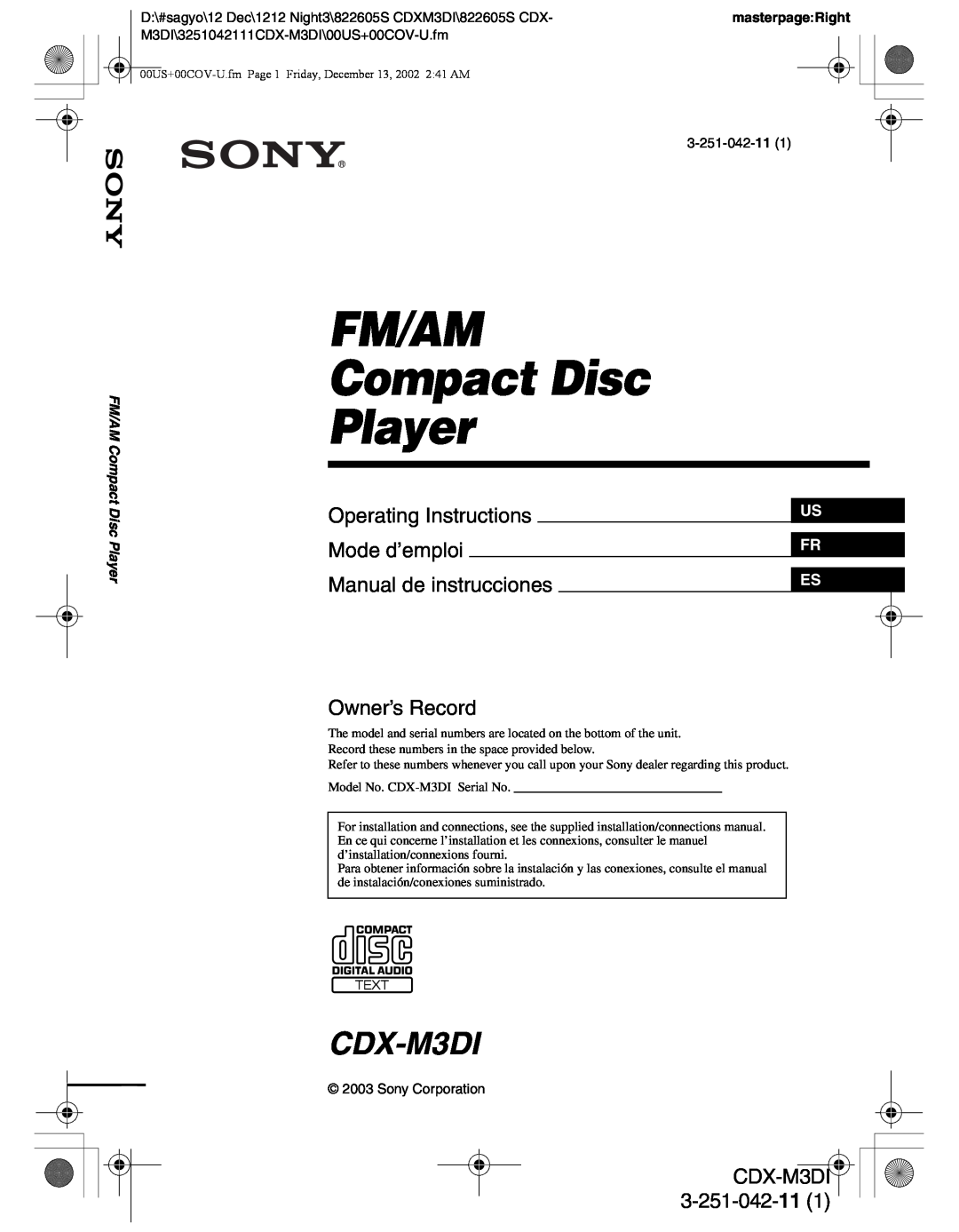 Sony CDX-M3DI operating instructions Owner’s Record, FM/AM Compact Disc Player, Operating Instructions, Mode d’emploi 