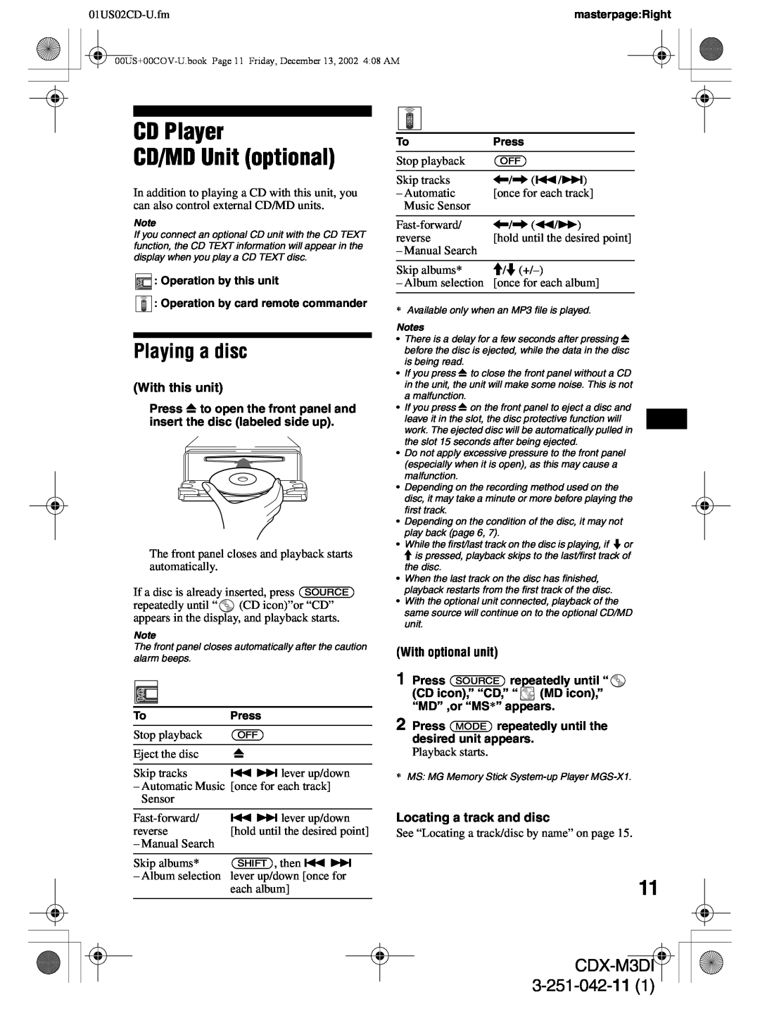 Sony CDX-M3DI operating instructions CD Player CD/MD Unit optional, Playing a disc, 3-251-042-11, 01US02CD-U.fm 