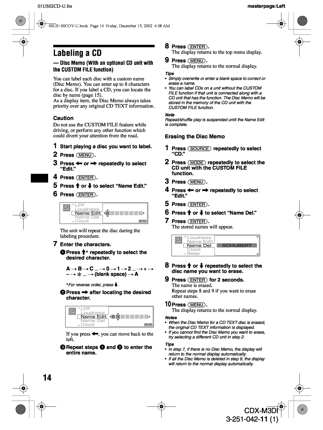 Sony CDX-M3DI operating instructions Labeling a CD, 3-251-042-11, Erasing the Disc Memo, 01US02CD-U.fm 
